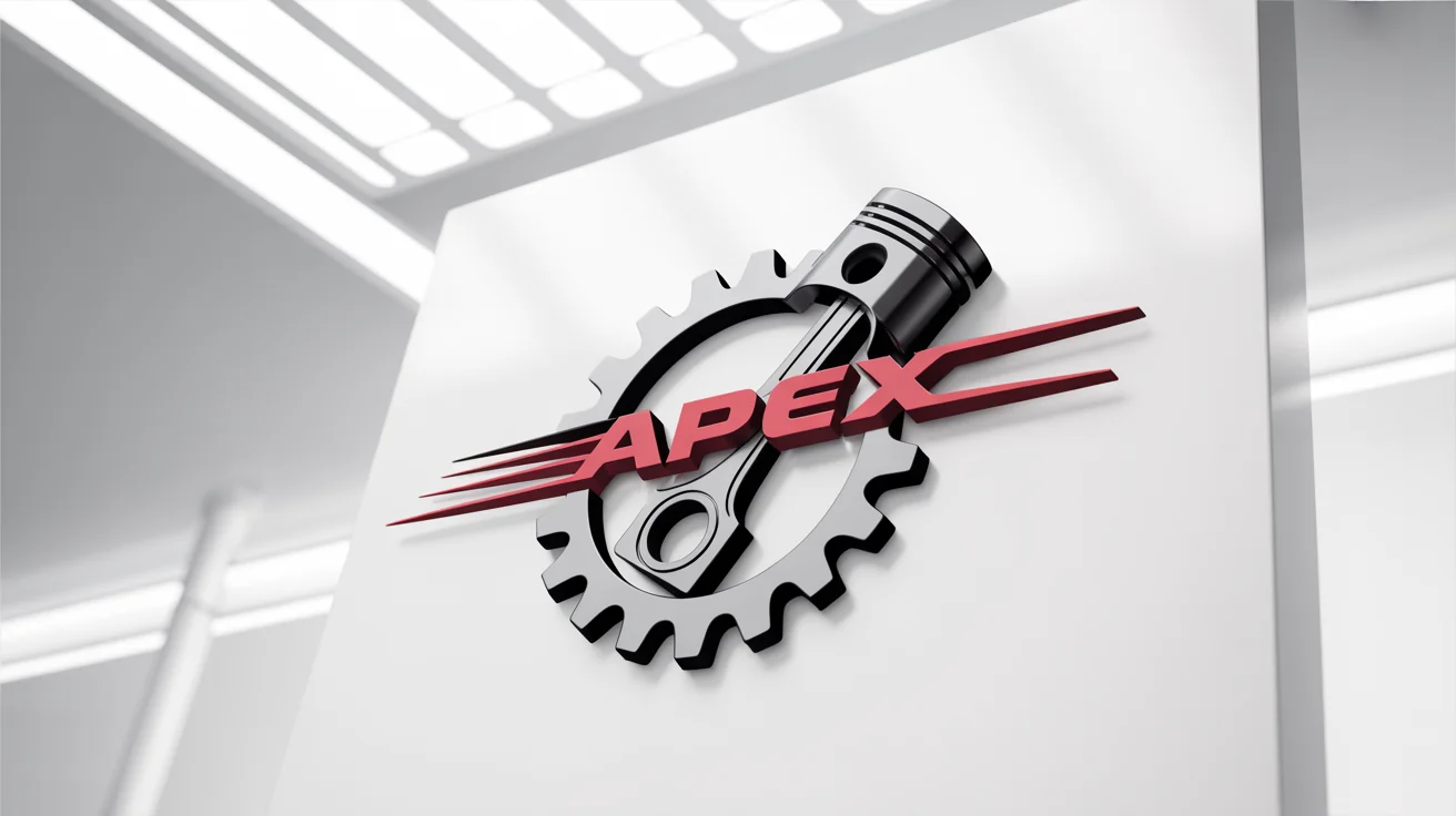 A modern 3D logo for an auto parts brand called 'Apex Motors', featuring a metallic gear and piston emblem with a red swoosh, set against a clean white background.