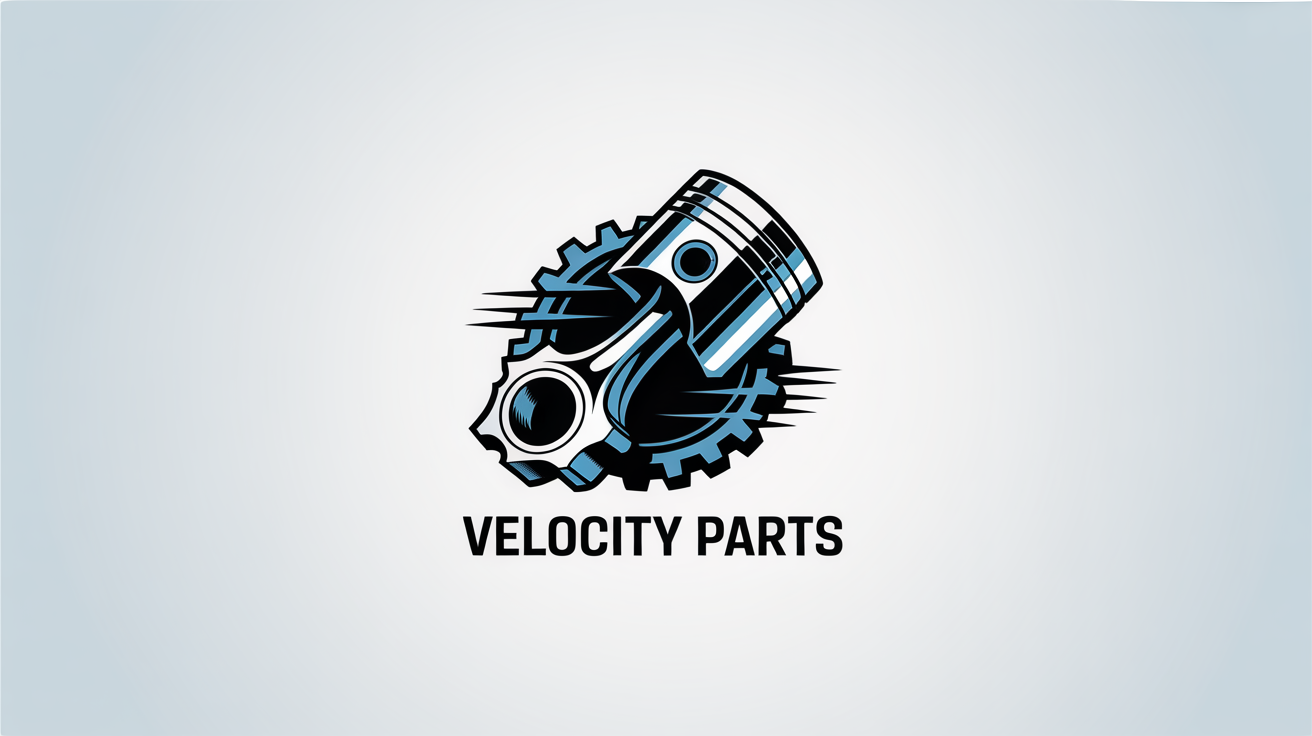 A modern logo for an auto parts company called 'Velocity Parts', featuring a metallic chrome piston and gear with electric blue accents, on a white background.