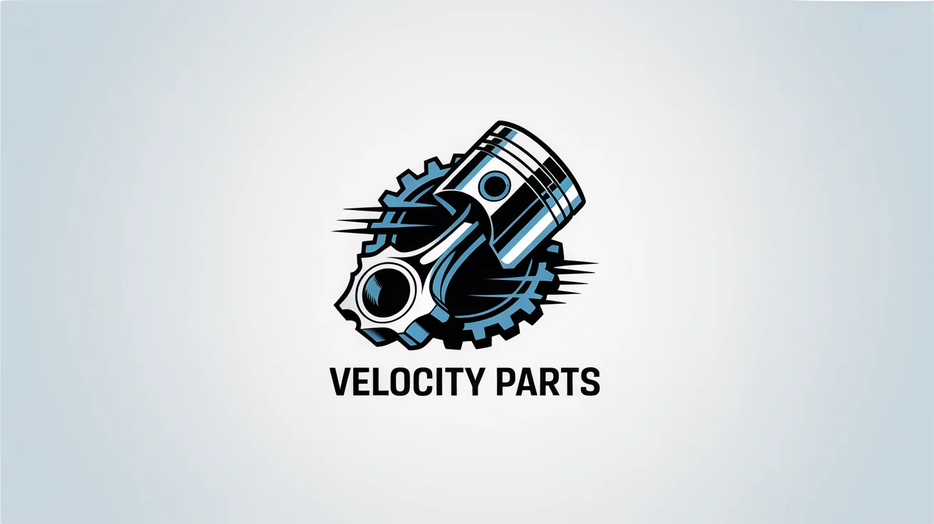 A modern logo for an auto parts company called 'Velocity Parts', featuring a metallic chrome piston and gear with electric blue accents, on a white background.