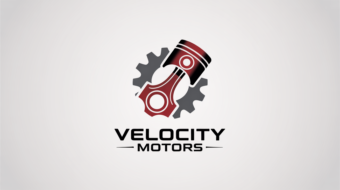A modern logo for an auto parts company named 'Velocity Motors'. The logo features a red and silver piston and gear emblem on a white background, representing speed and mechanics.