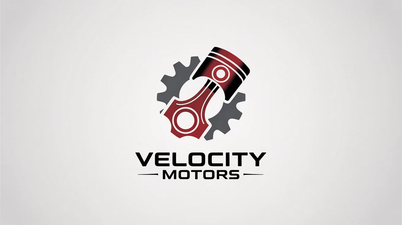 A modern logo for an auto parts company named 'Velocity Motors'. The logo features a red and silver piston and gear emblem on a white background, representing speed and mechanics.