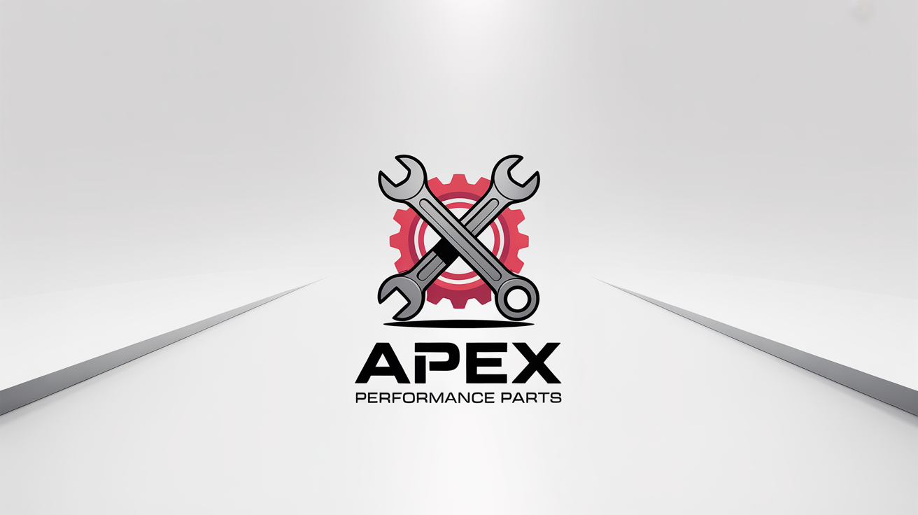 A sleek logo for an auto parts company named 'Apex Performance Parts', featuring a metallic wrench and a red gear, presented on a clean white background.