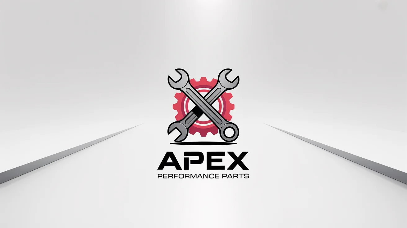A sleek logo for an auto parts company named 'Apex Performance Parts', featuring a metallic wrench and a red gear, presented on a clean white background.