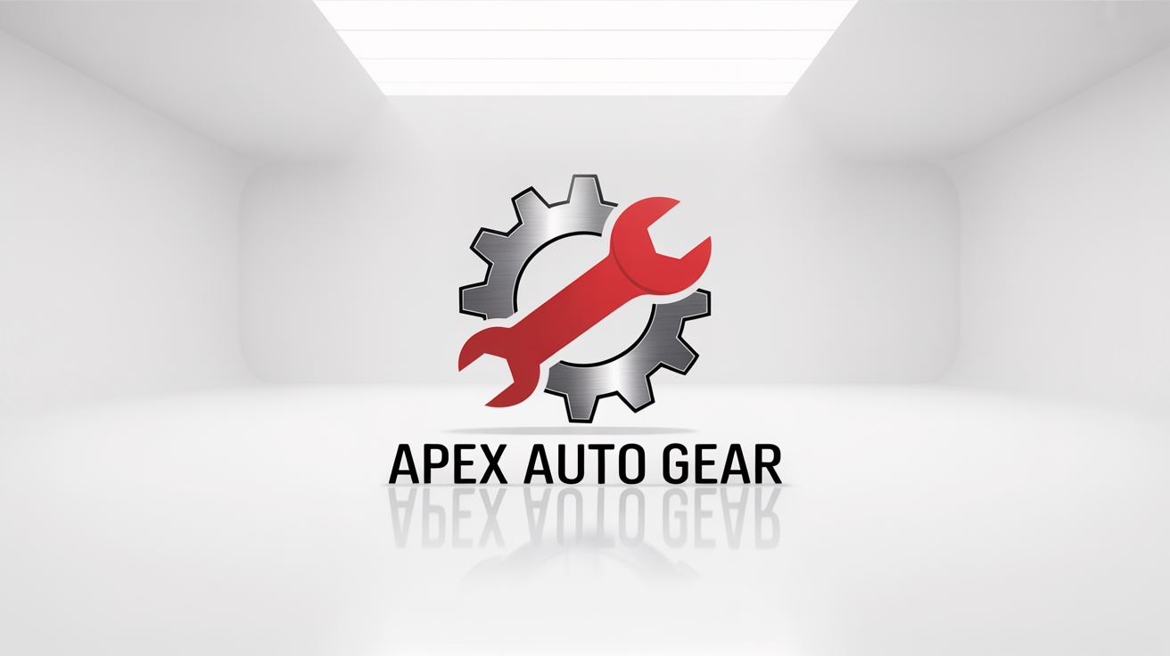 A modern logo mockup for an auto parts company named 'Apex Auto Gear', featuring a metallic gear and red wrench icon on a plain white background.