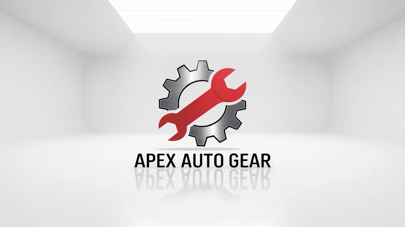 A modern logo mockup for an auto parts company named 'Apex Auto Gear', featuring a metallic gear and red wrench icon on a plain white background.