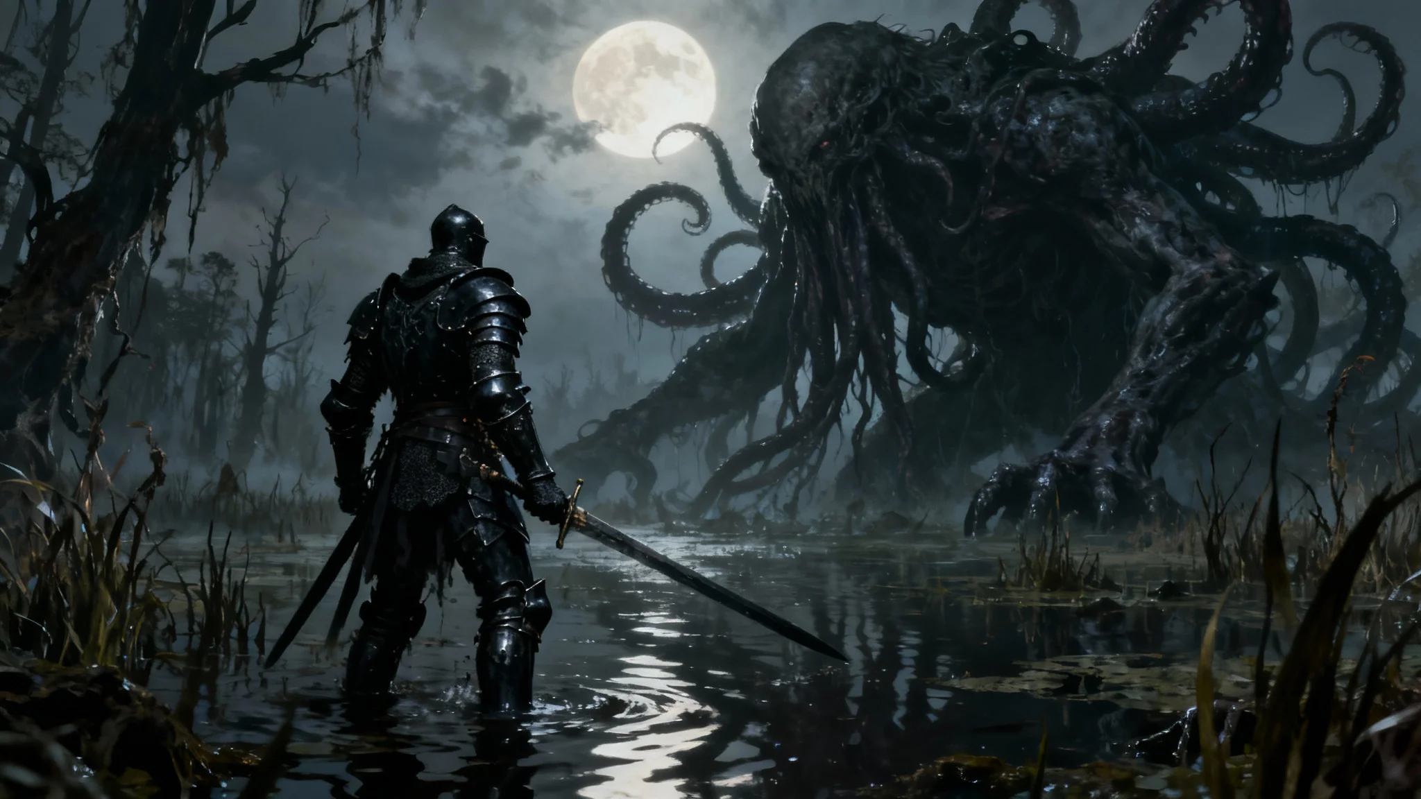 An epic dark fantasy painting showing a knight in black armor facing a giant, tentacled monster in a misty swamp under a full moon.