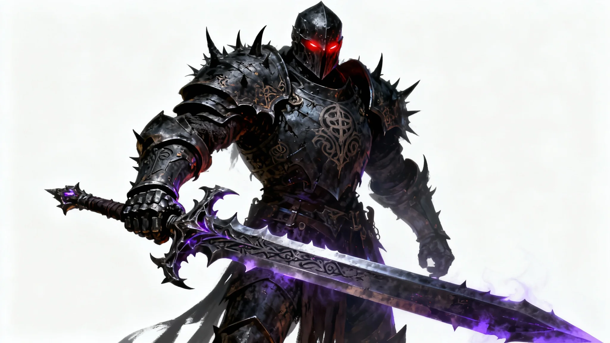 A hyper-realistic digital painting of a menacing knight in ornate, dark gothic armor holding a giant, glowing sword, set against a stark white background.