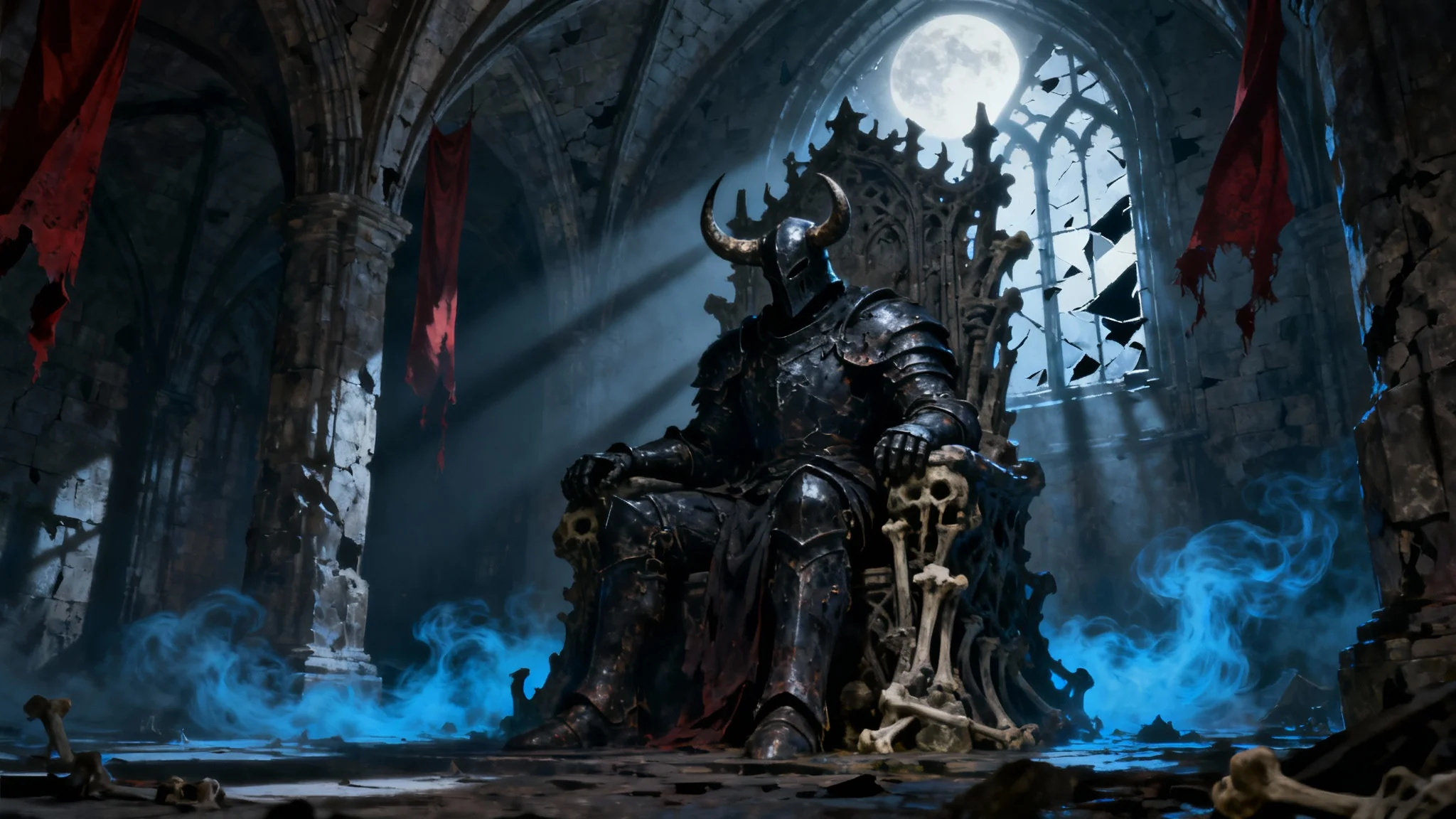 A dark fantasy painting of a powerful knight in black armor sitting on a gothic throne in a ruined hall, illuminated by a single shaft of moonlight.