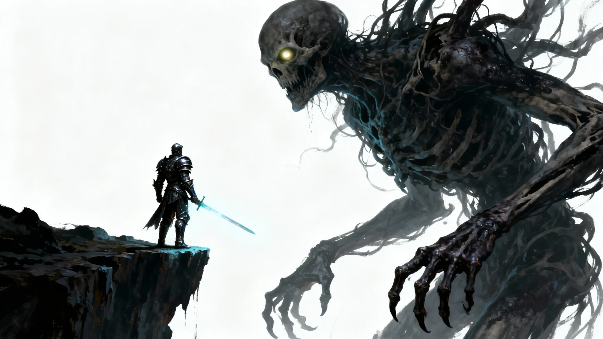 A hyper-realistic digital painting of a dark fantasy scene where a small knight in black armor confronts a giant, skeletal monster with one glowing eye, all set against a plain white background.