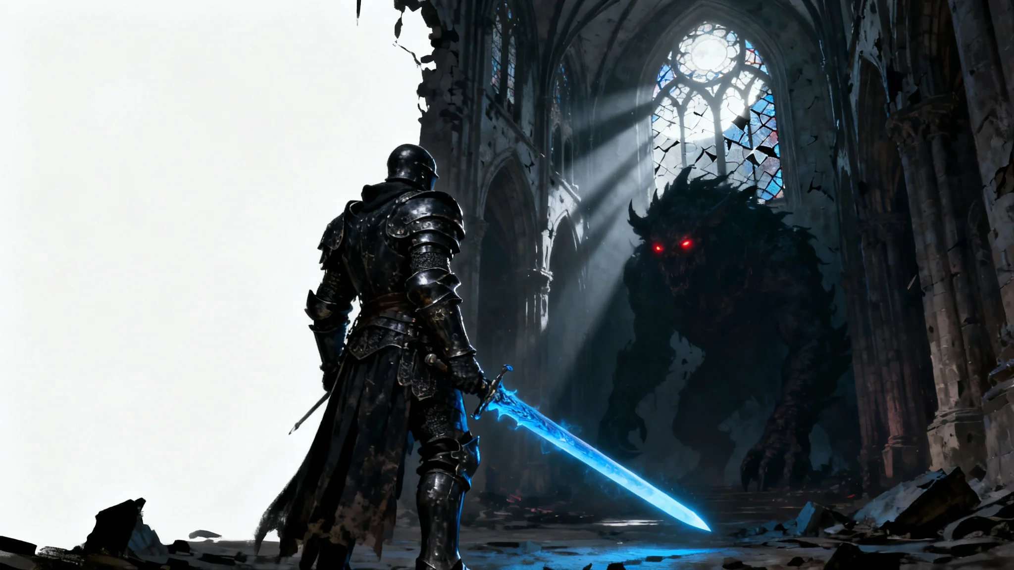 A dark fantasy painting of a heavily armored knight with a glowing sword facing a shadowy beast with red eyes inside a vast, ruined cathedral.