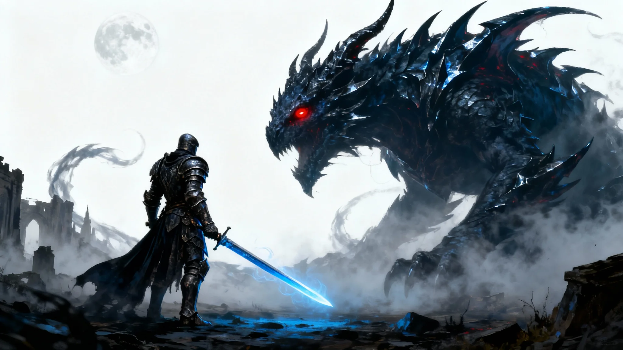 A dark fantasy digital painting of a knight with a glowing sword facing a massive, shadowy monster in a misty ruin, presented on a white background.