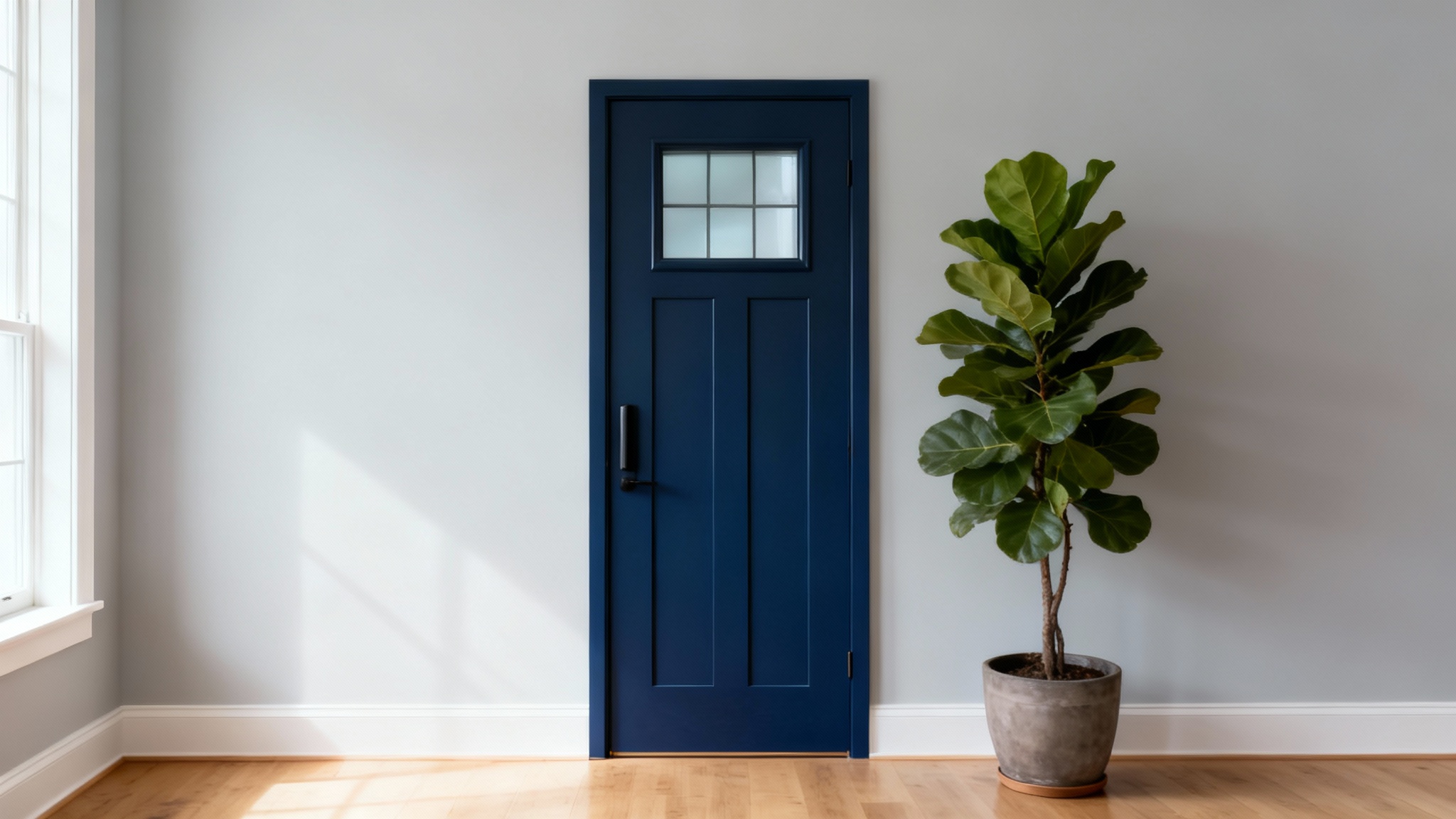 A photorealistic image of a modern living room featuring a newly installed, stylish dark blue interior door with a glass panel, demonstrating the final outcome of using an interior door visualizer.