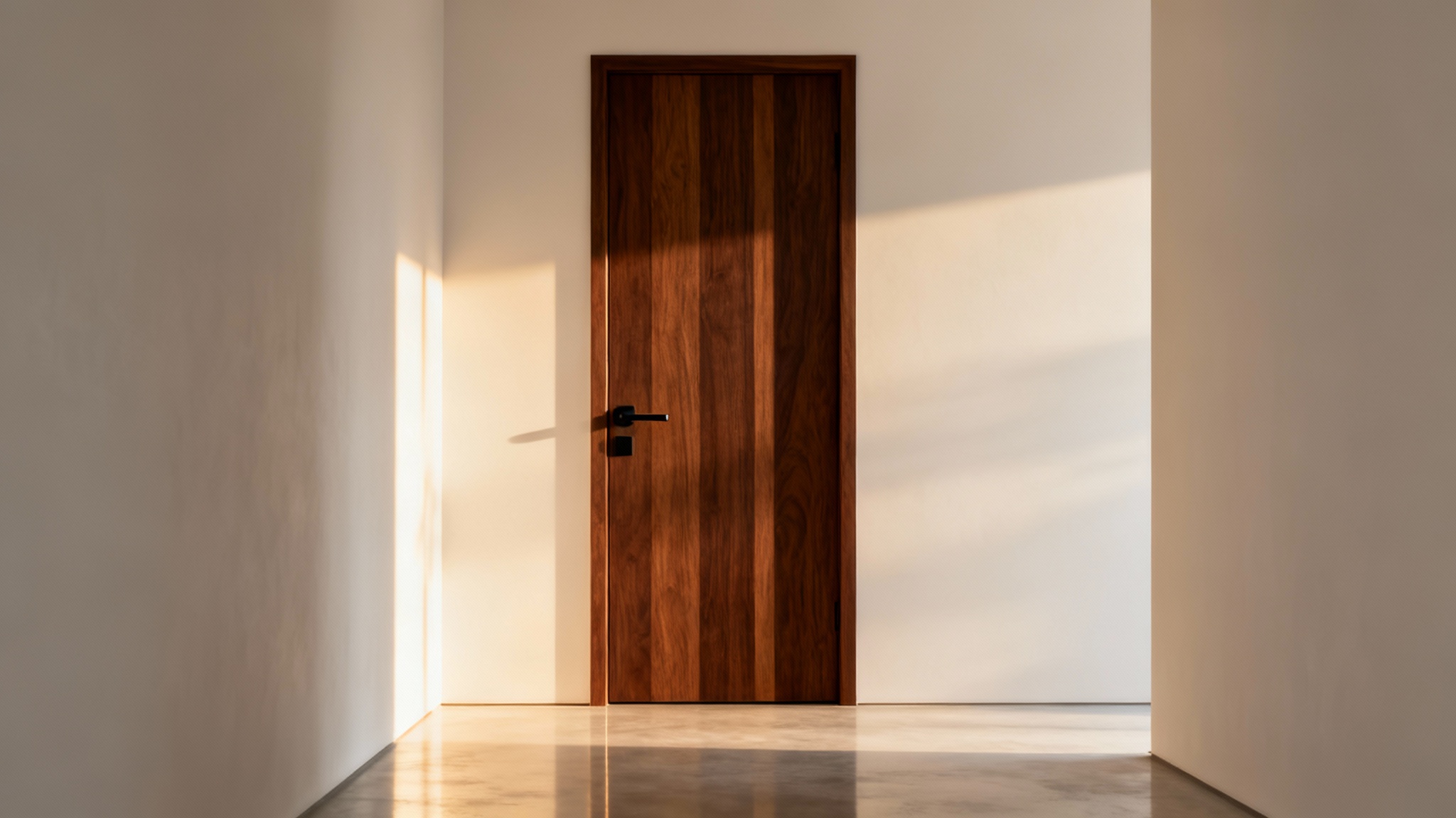 A modern, dark oak interior door with a sleek black handle, featured in a bright, minimalist hallway with off-white walls and a polished floor.
