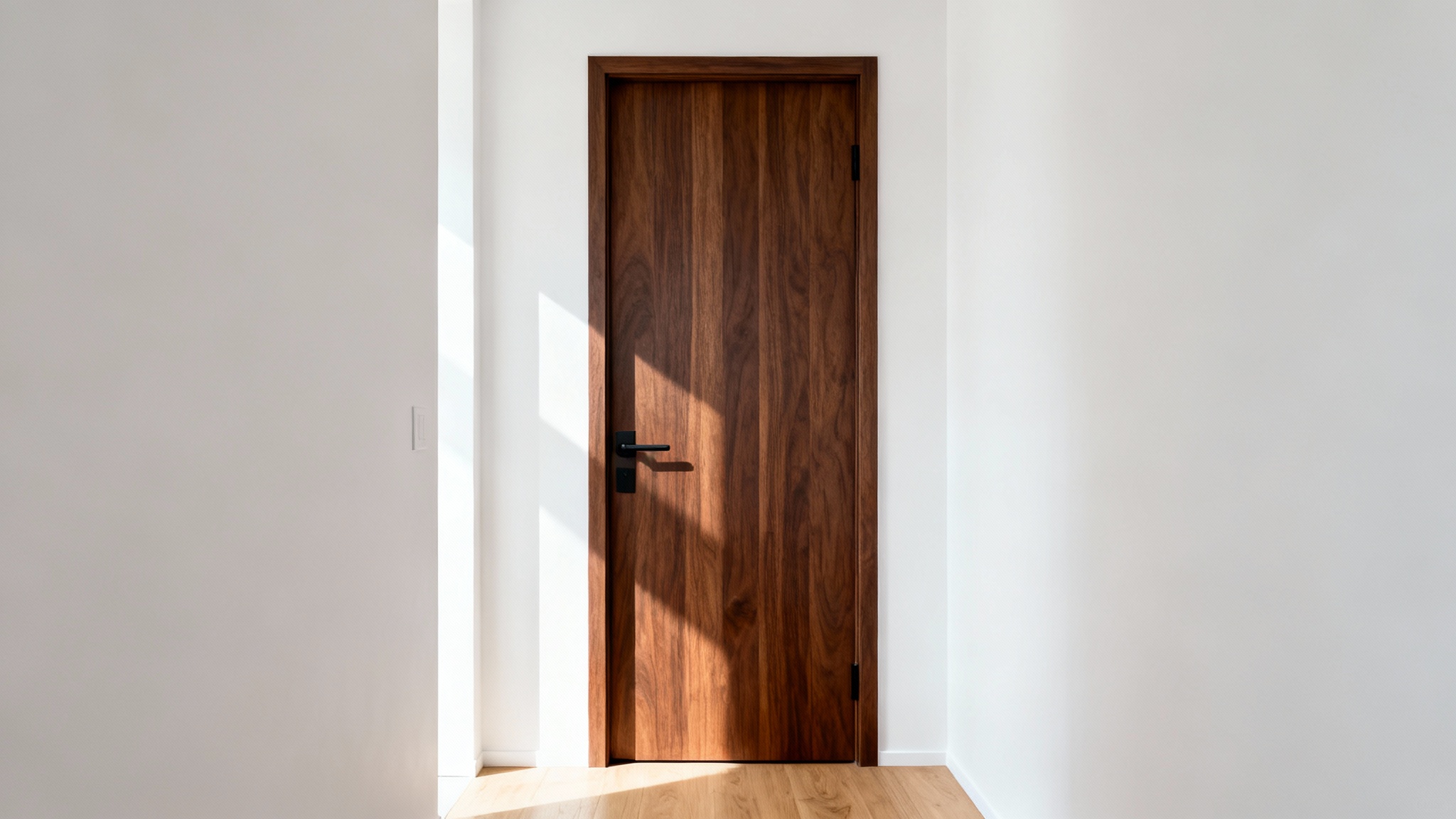 A photorealistic image of a modern dark walnut interior door with a black handle, set against a bright white wall in a minimalist hallway.