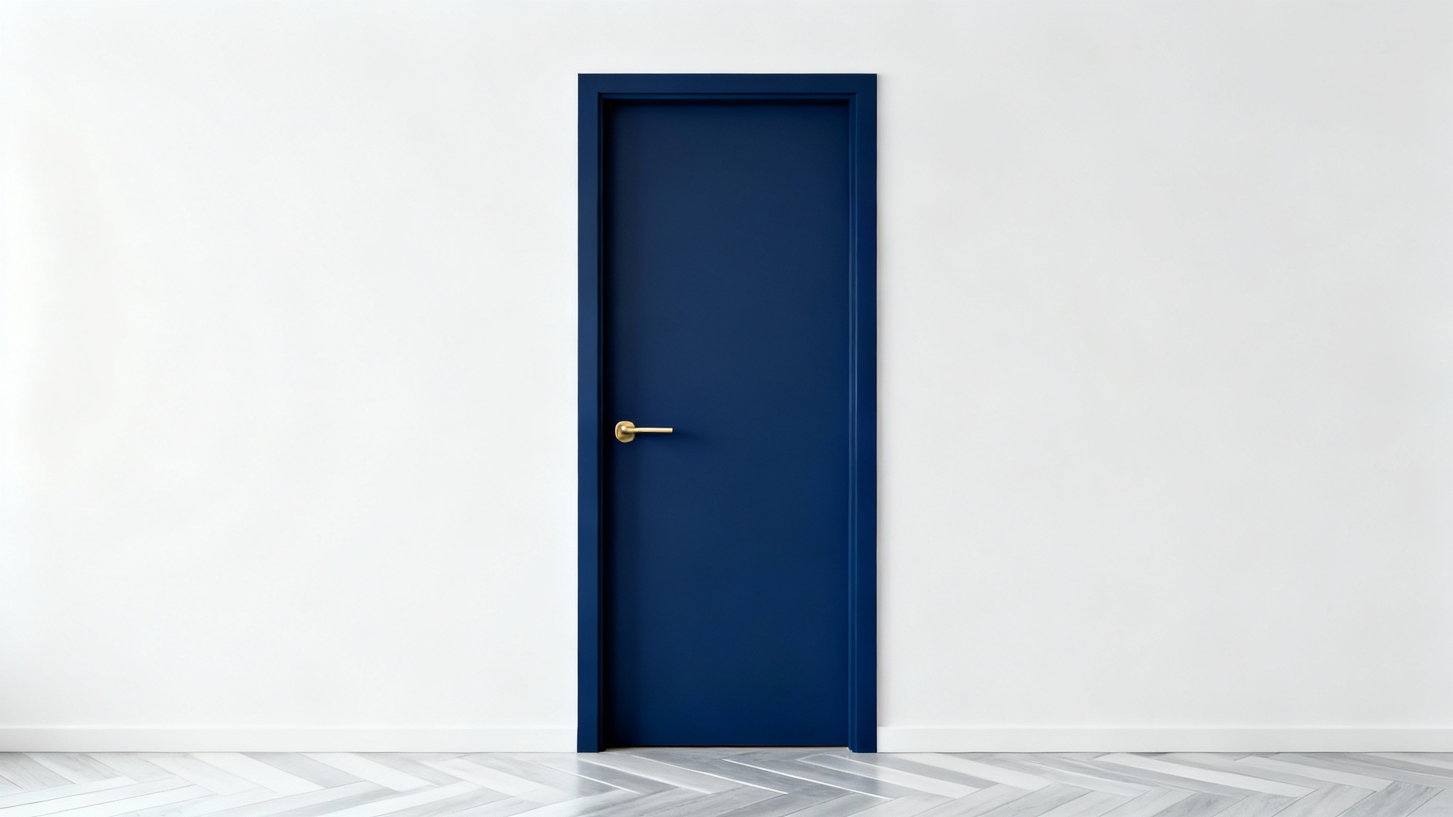 A photorealistic mockup of a modern navy blue interior door with a brass handle, set against a clean white wall and light wood flooring.