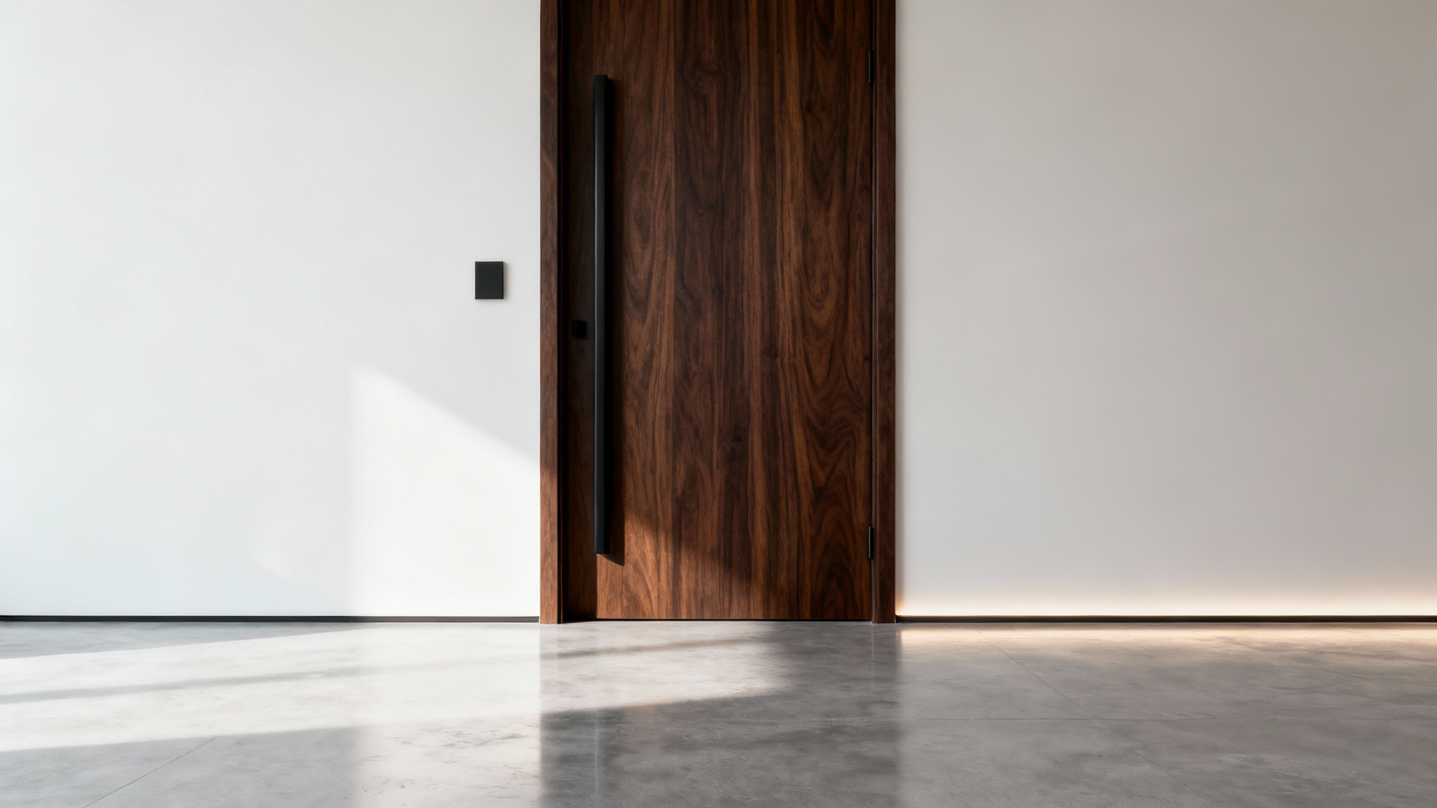 A modern, dark walnut wood interior door with a long black handle, set in a clean off-white wall within a minimalist, brightly lit room.