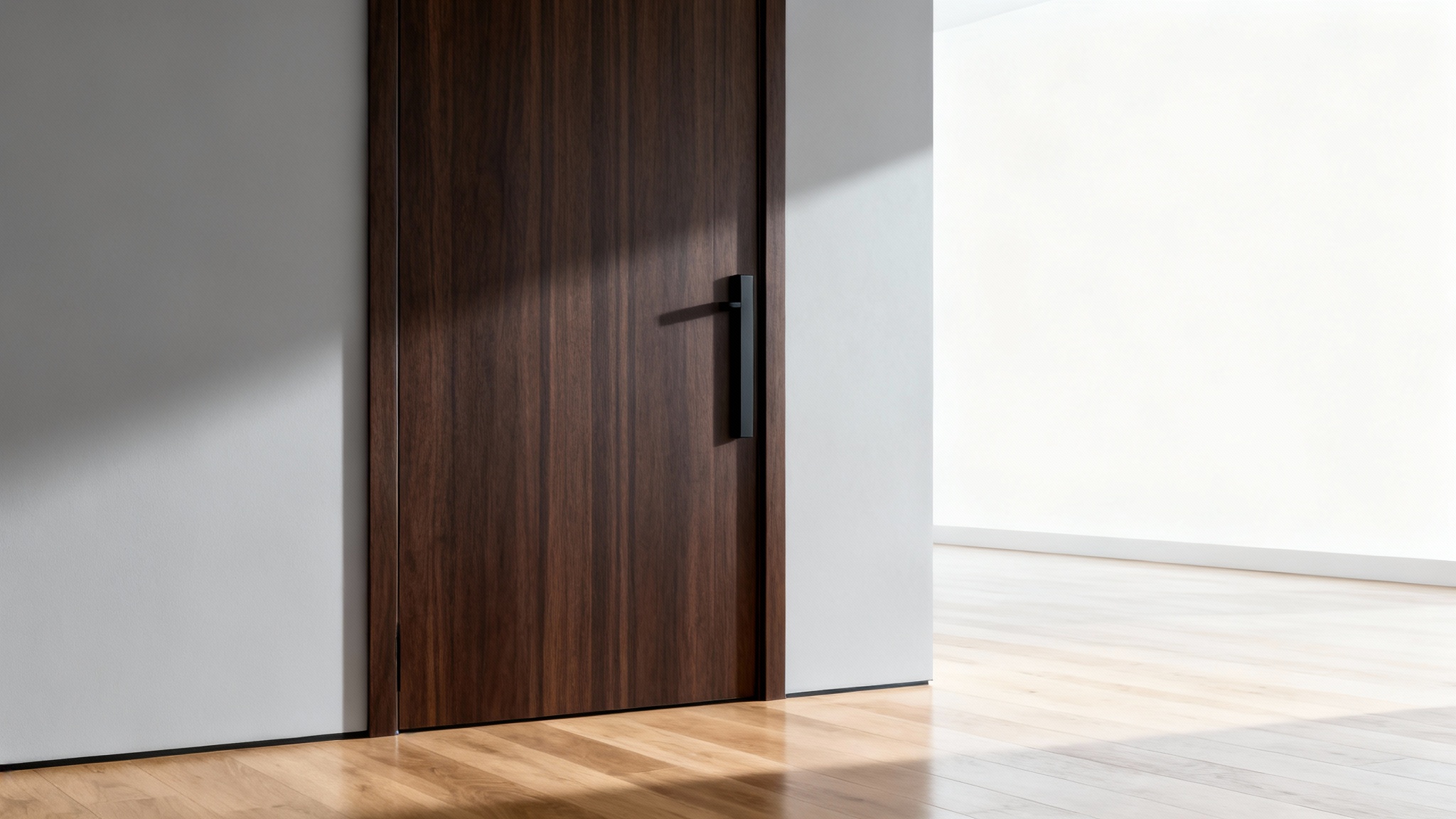 A photorealistic image of a modern dark wood interior door with a sleek black handle, installed in a bright, minimalist hallway with light gray walls and a polished oak floor.