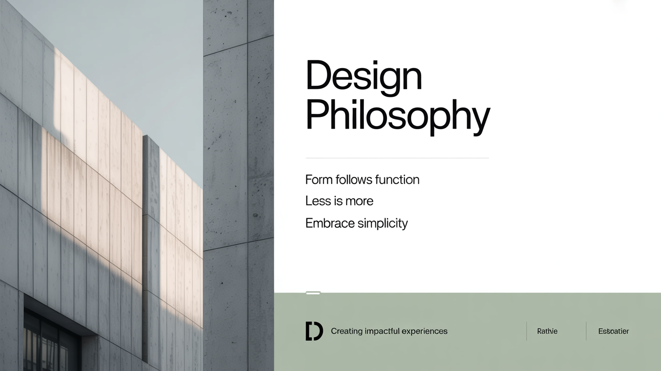 A minimal and professional presentation slide showing the final result of a design template. The slide has a photo of modern architecture on the left and the title 'Design Philosophy' with three bullet points on the right.