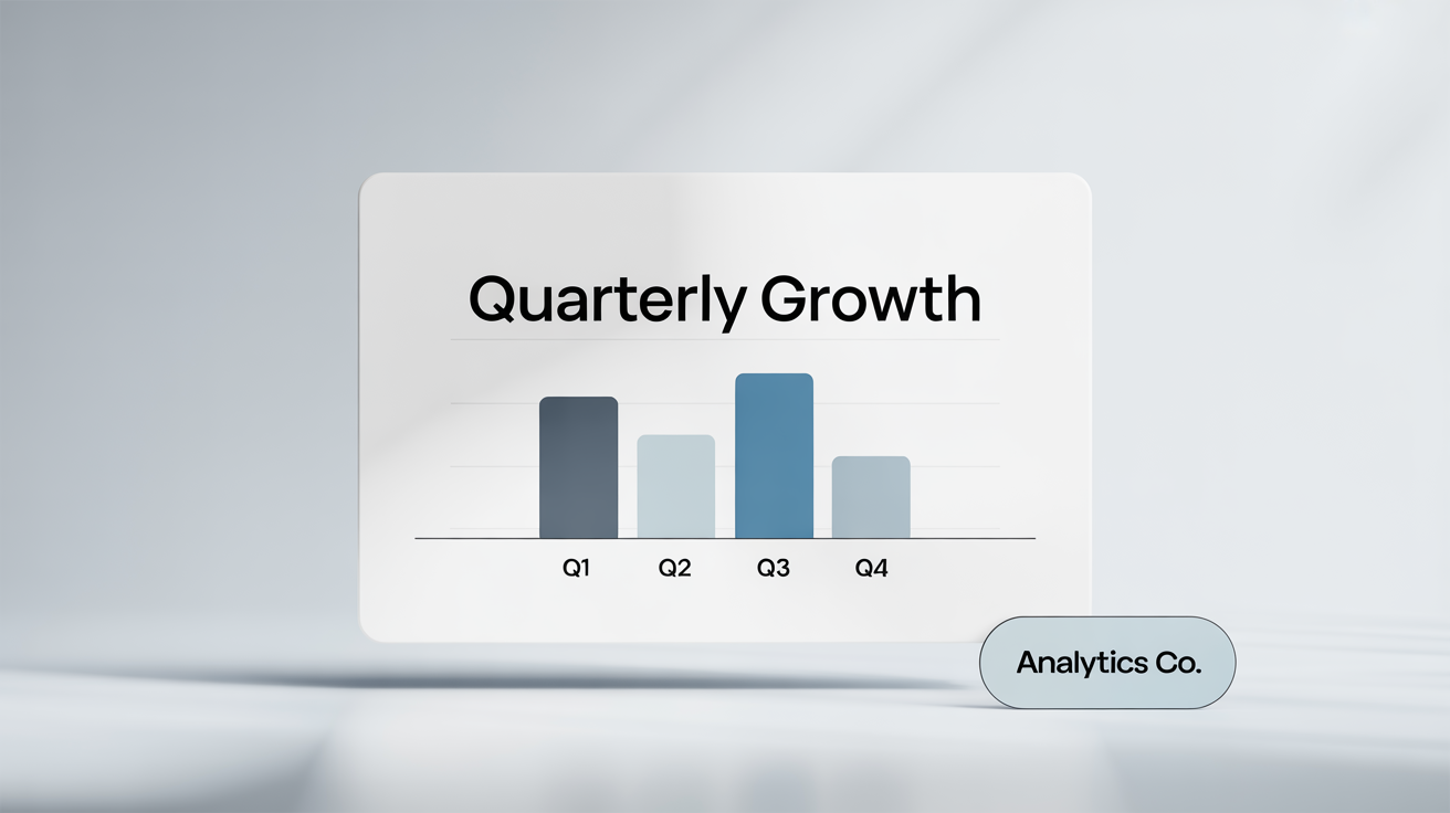 A minimal presentation slide mockup with the title 'Quarterly Growth' and a simple bar chart, set against a clean white background.