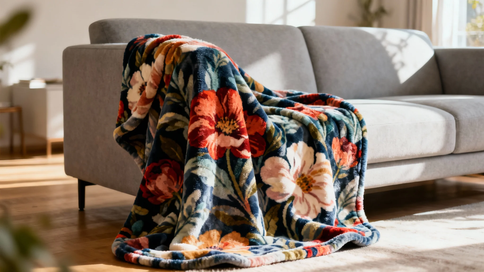 A photorealistic mockup of a soft blanket with a colorful floral design, draped artfully over a sofa in a bright and modern living room.