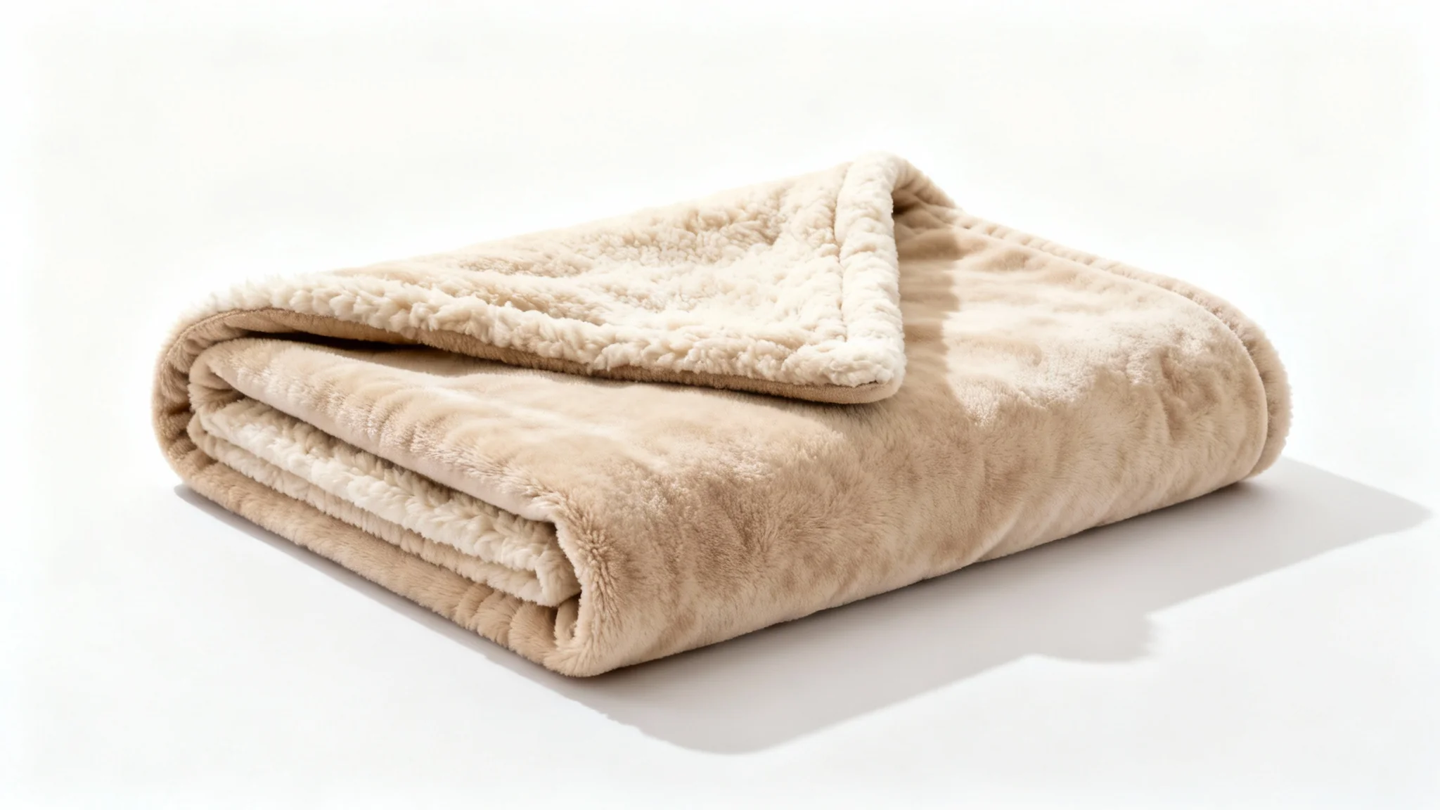 A high-quality product mockup of a soft, beige fleece blanket, neatly folded on a white background to showcase its plush texture and thickness.