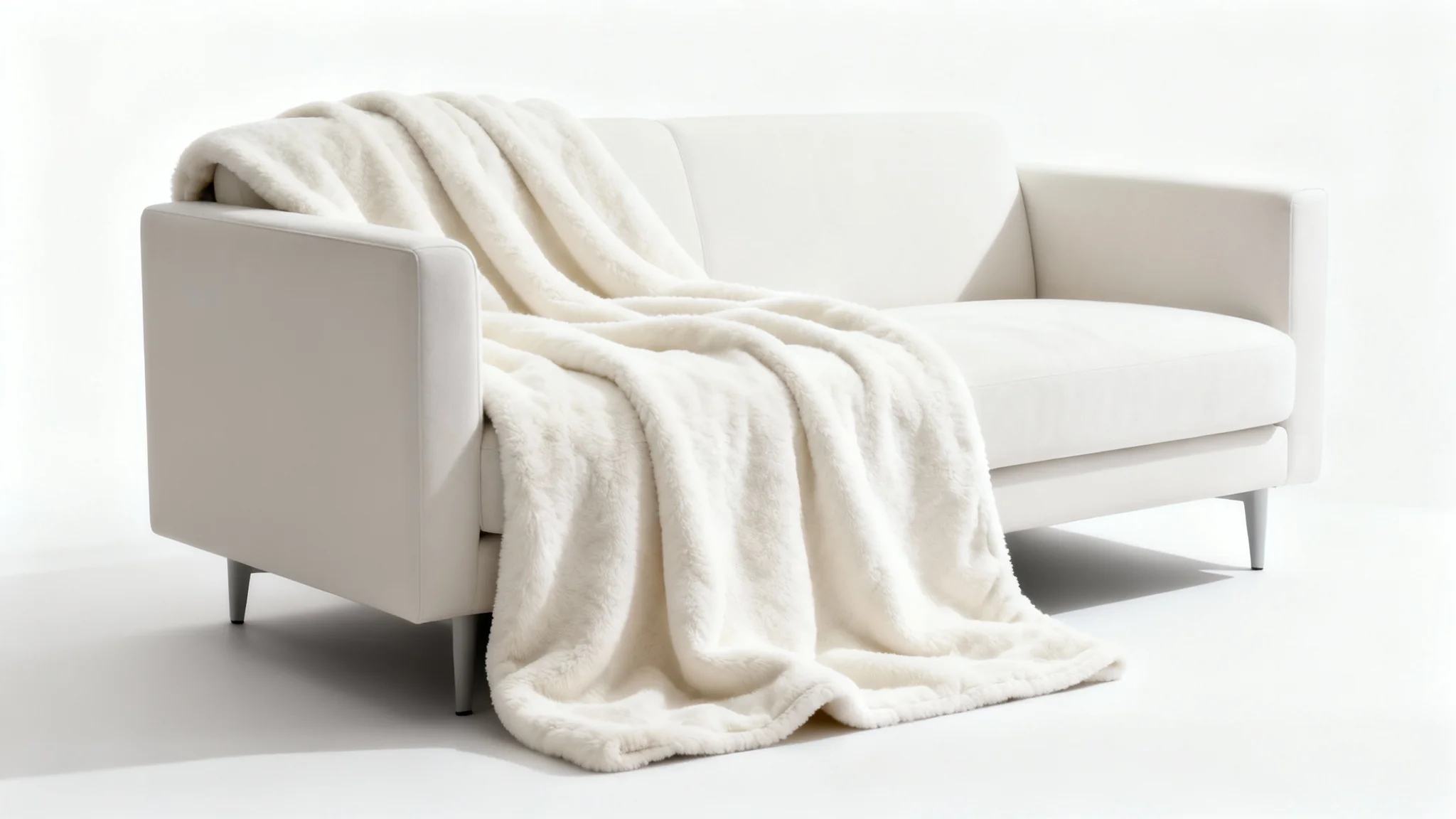 A photorealistic product mockup of a blank white fleece blanket elegantly draped over a modern sofa against a clean white background, showcasing its soft texture.
