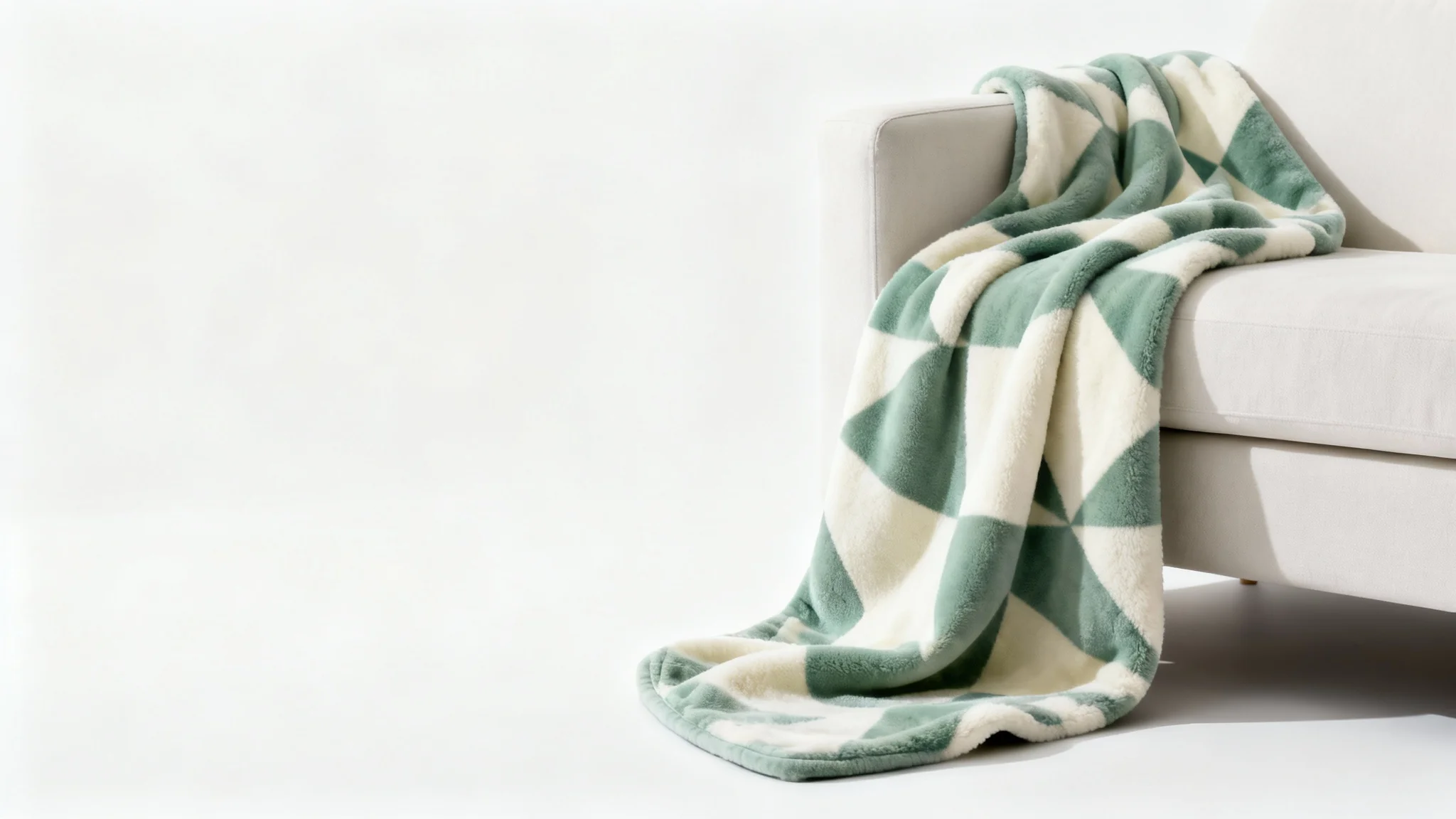 A photorealistic mockup of a soft, plush blanket with a geometric pattern, elegantly draped on a sofa against a clean white background.