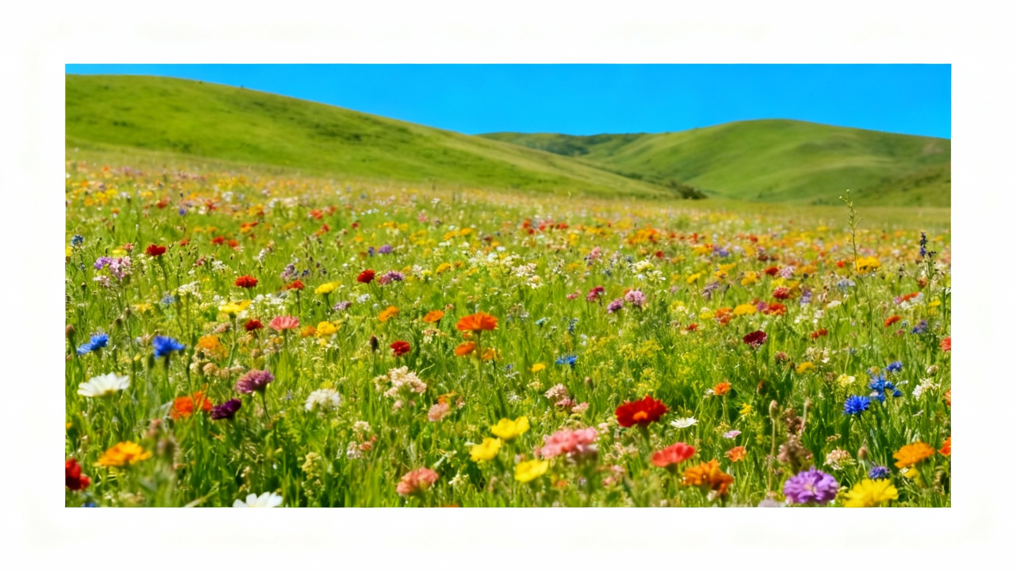 A vibrant landscape photograph of a wildflower field with a clean white border applied, demonstrating the final polished look after using the design tool.
