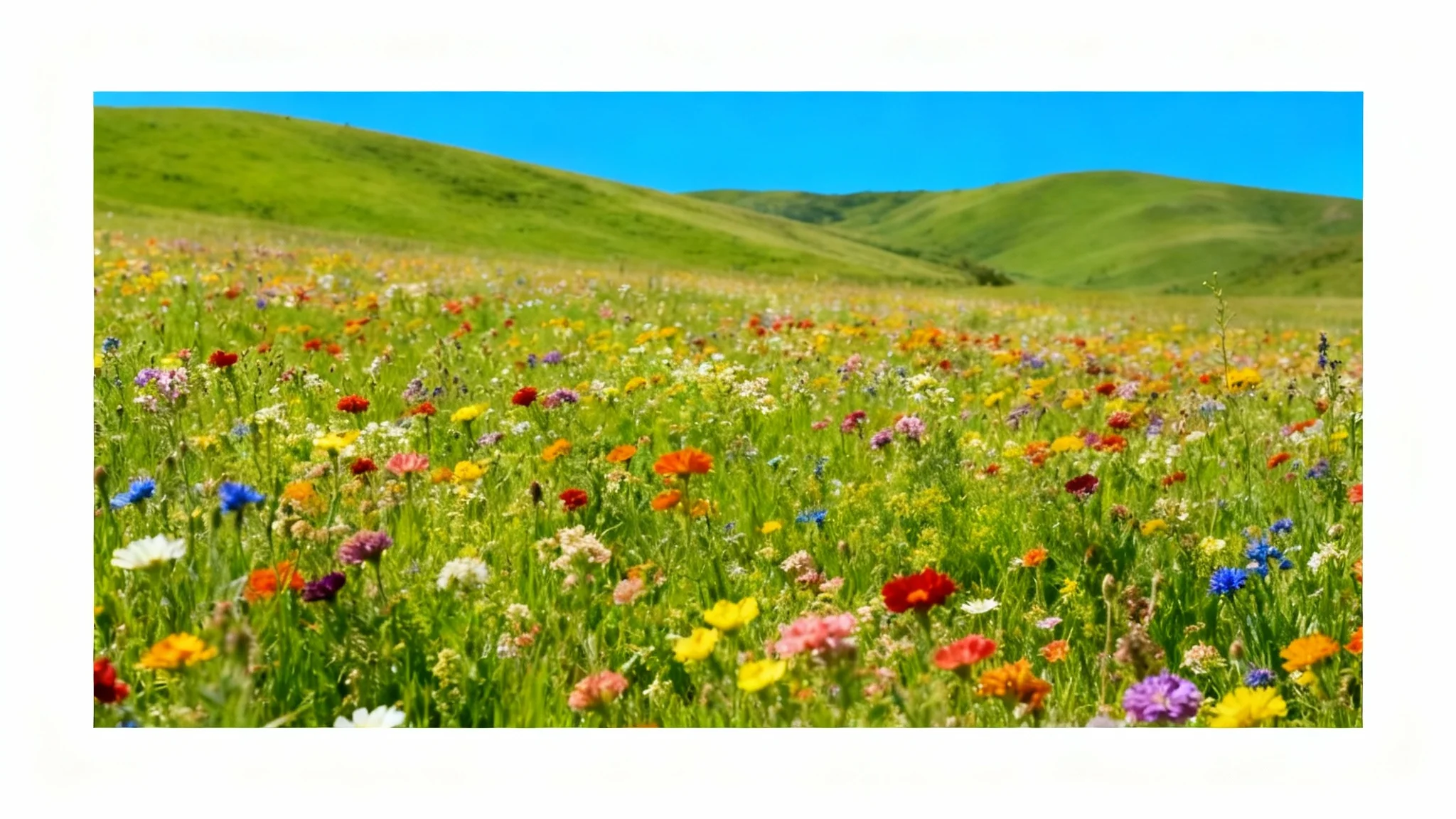 A vibrant landscape photograph of a wildflower field with a clean white border applied, demonstrating the final polished look after using the design tool.