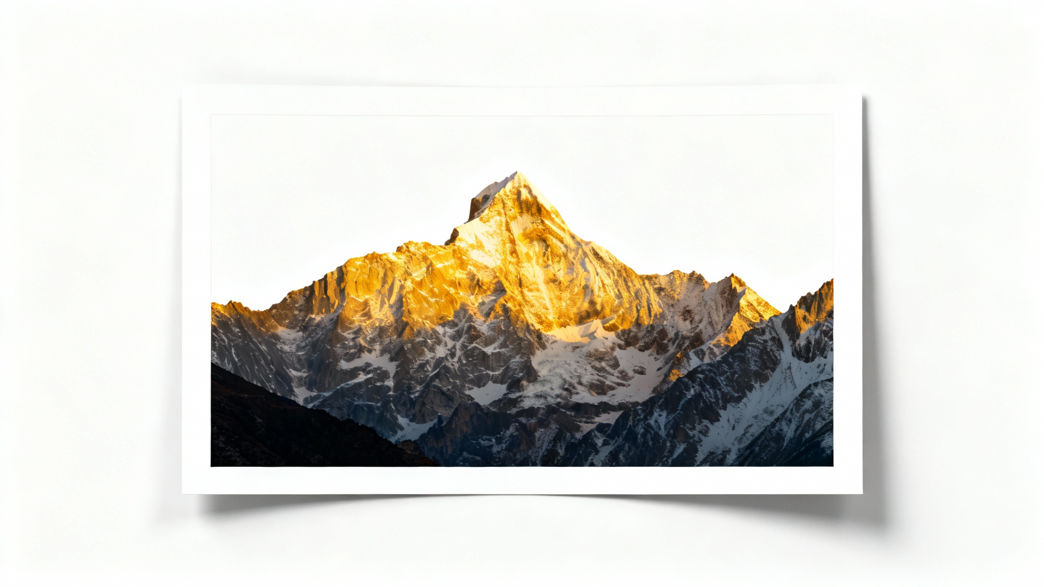 A photorealistic mockup of a beautiful mountain landscape photograph that has a prominent, clean white border around it, set against a plain white background.