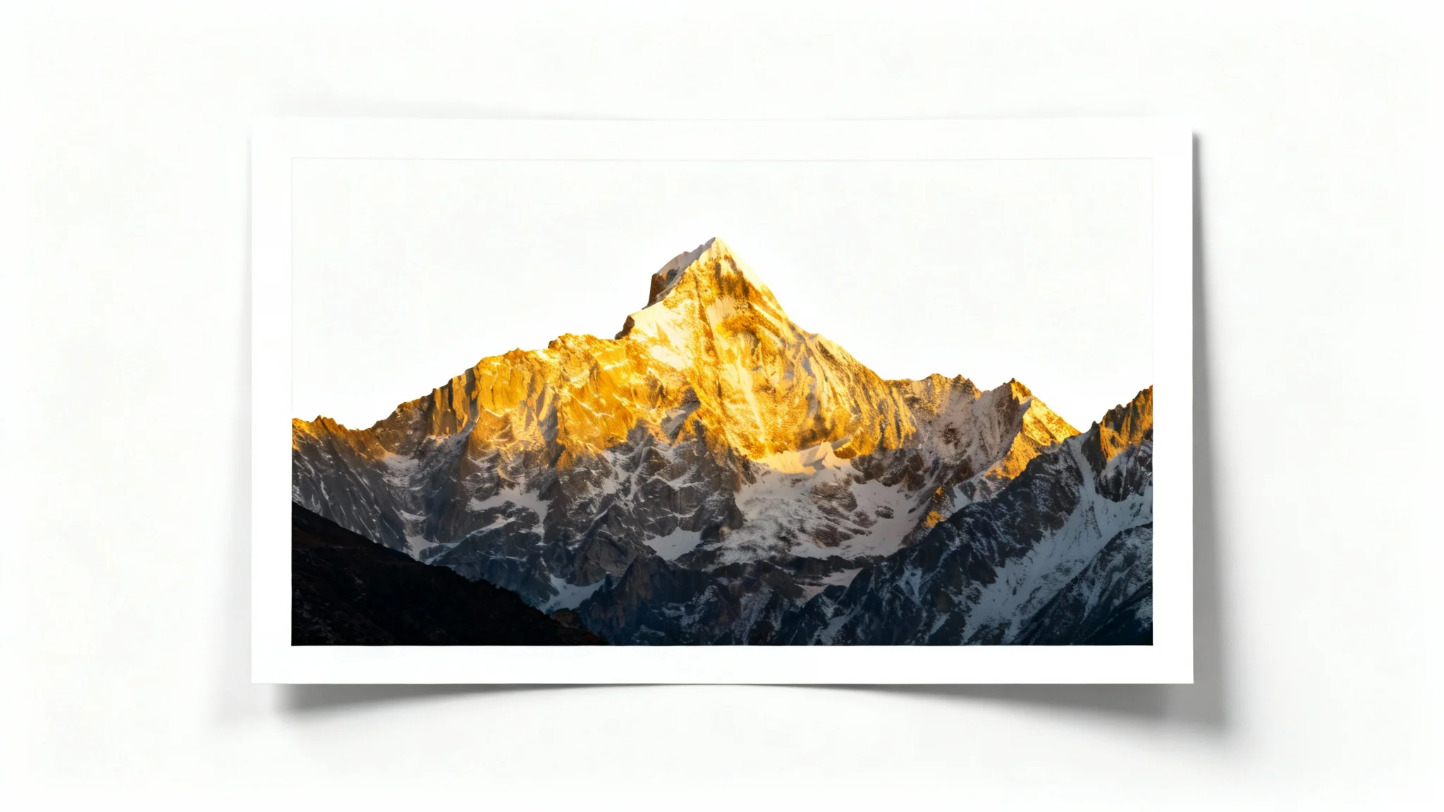 A photorealistic mockup of a beautiful mountain landscape photograph that has a prominent, clean white border around it, set against a plain white background.