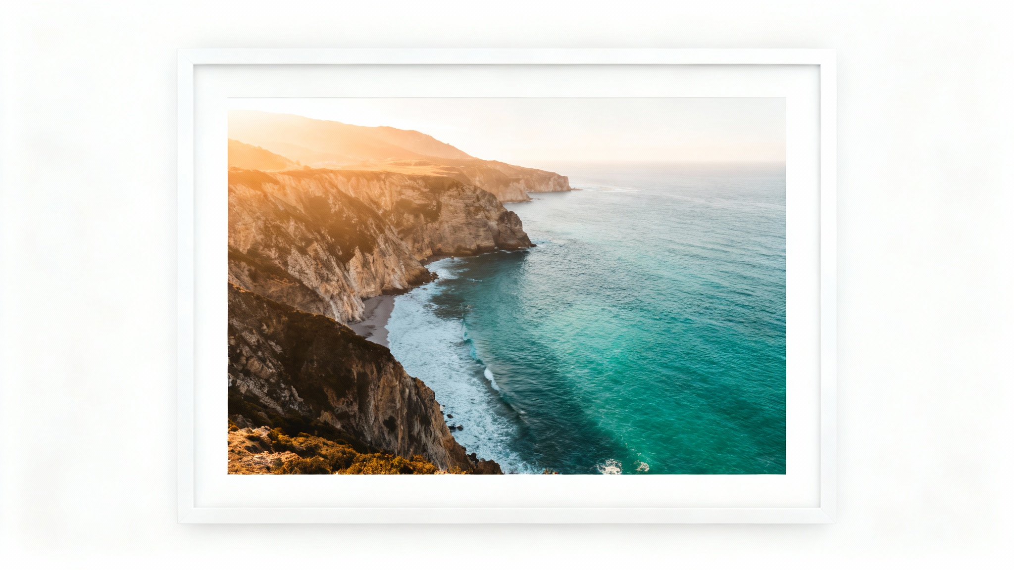 A photorealistic image of a beautiful coastal landscape photograph, framed with a clean white border and centered on a plain white background.