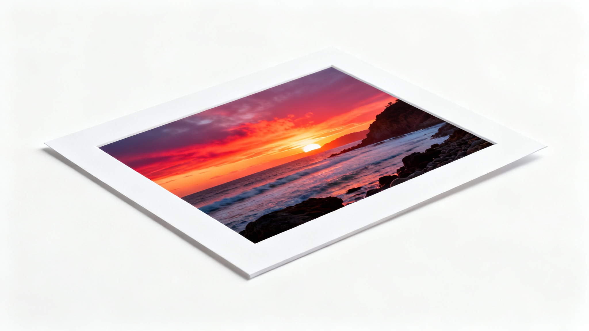A vibrant photograph of a coastal sunset, framed with a clean and distinct white border, presented as a mockup on a white background.