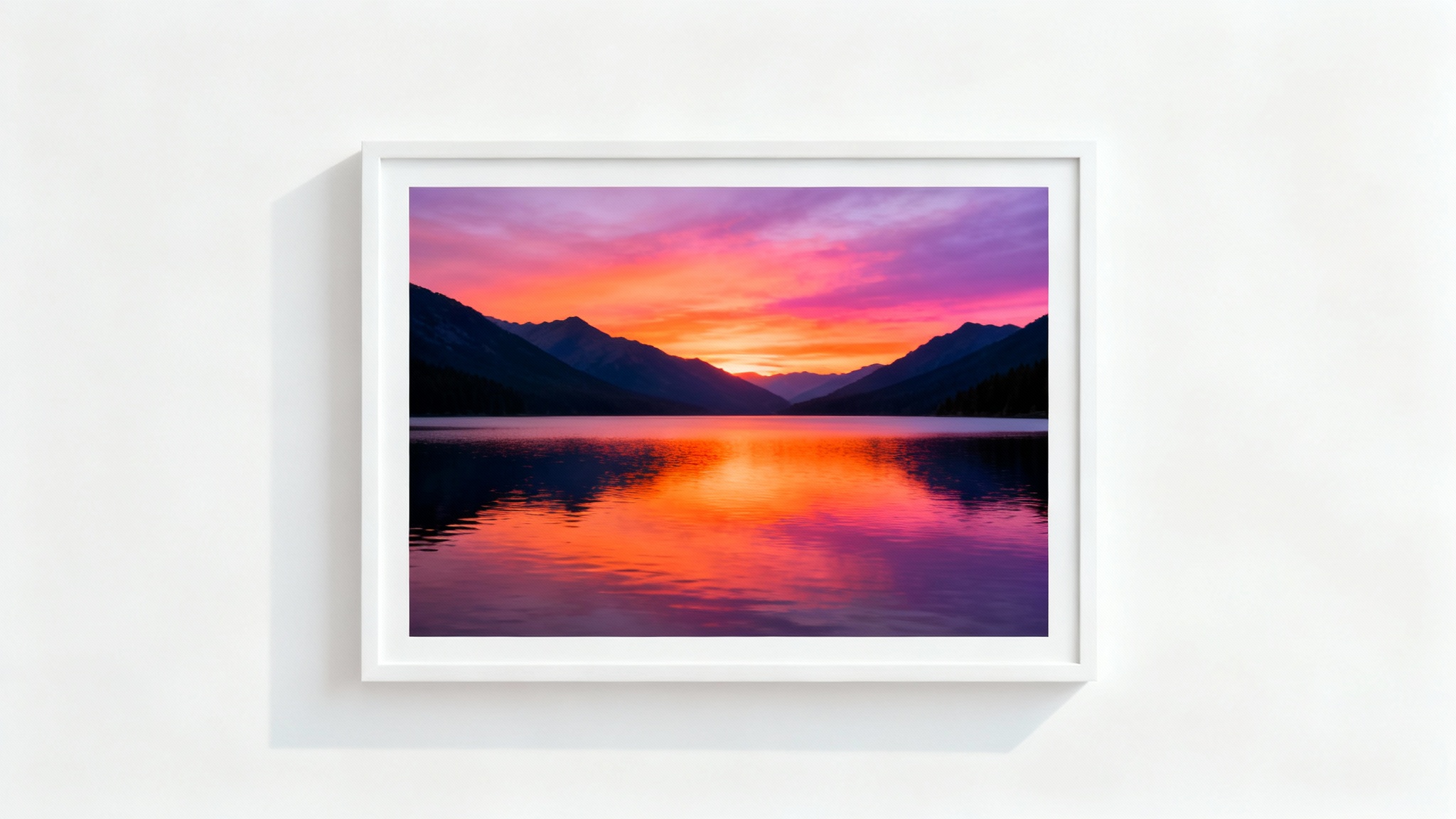 A photorealistic mockup of a landscape photograph with a prominent white border, set against a clean white background to illustrate the effect of adding a border to a photo.