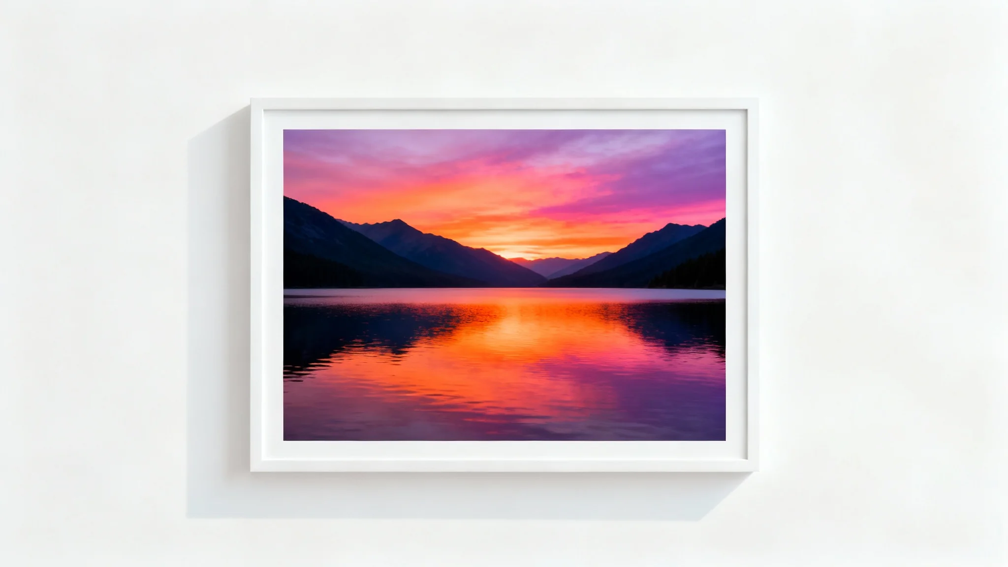 A photorealistic mockup of a landscape photograph with a prominent white border, set against a clean white background to illustrate the effect of adding a border to a photo.