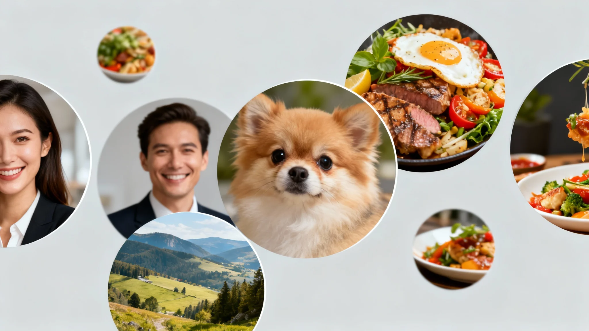 A stylish collage of various images cropped into perfect circles, including a professional portrait, a cute dog, and a dish of food, demonstrating the result of a circle image cropper.