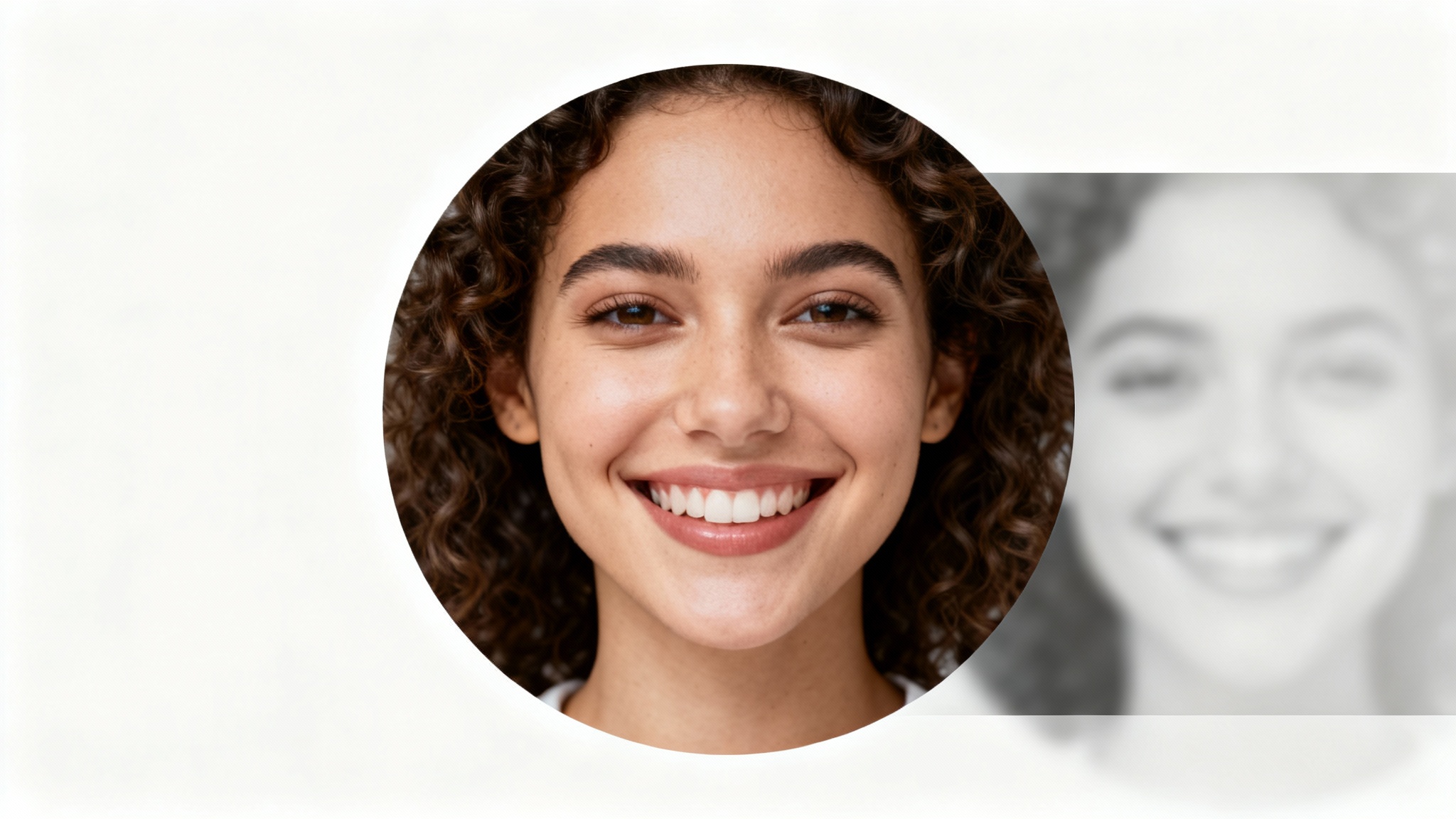 A visual mockup for a circle image cropper, featuring a vibrant circular portrait of a smiling woman, with the rest of the original rectangular photo blurred out in the background.