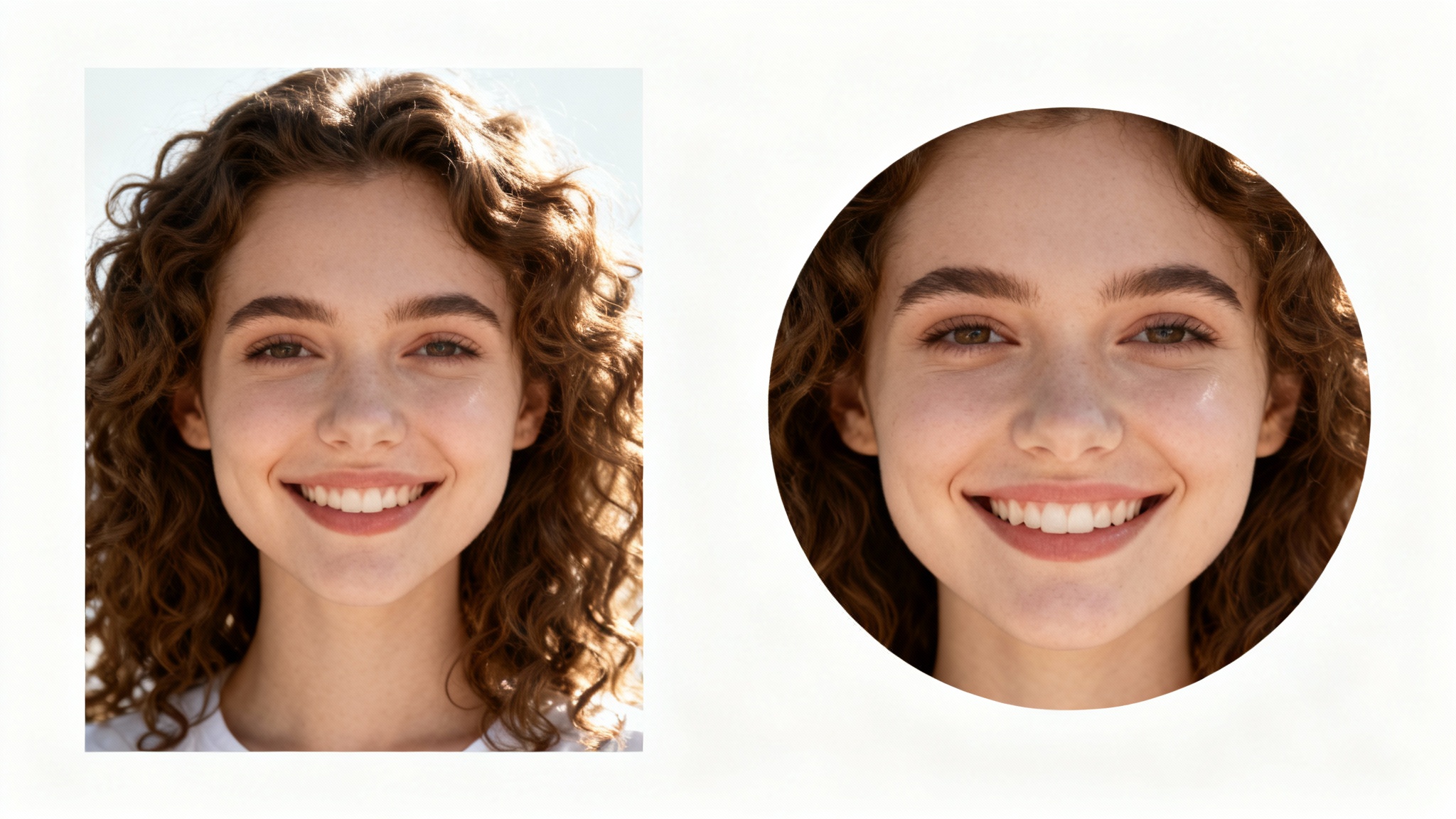 A visual representation of a circle image cropper, showing a rectangular portrait of a woman next to a perfectly circular crop of her face against a white background.