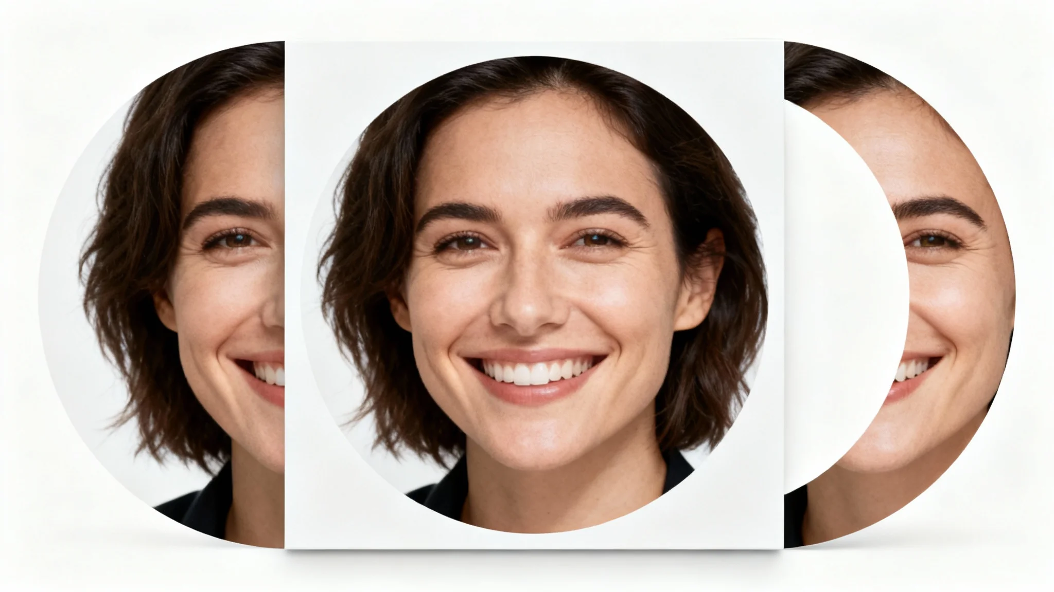 A conceptual image of a circle cropper, showing a square photo of a person being transformed into a circle, with two corners rounded and two still square.