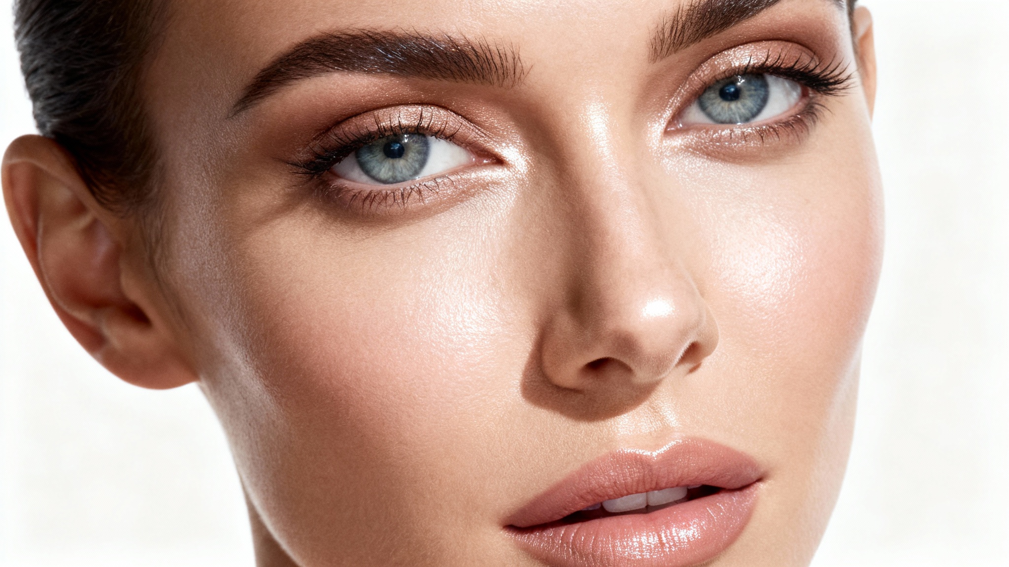 A polished editorial close-up portrait of a model showcasing the effects of professional retouching, featuring flawless skin and dramatic studio lighting against a plain white background.