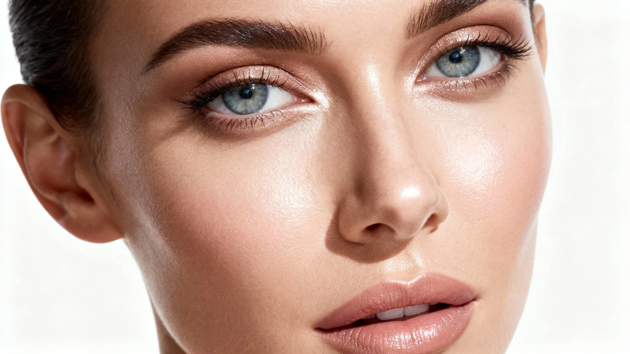 A polished editorial close-up portrait of a model showcasing the effects of professional retouching, featuring flawless skin and dramatic studio lighting against a plain white background.