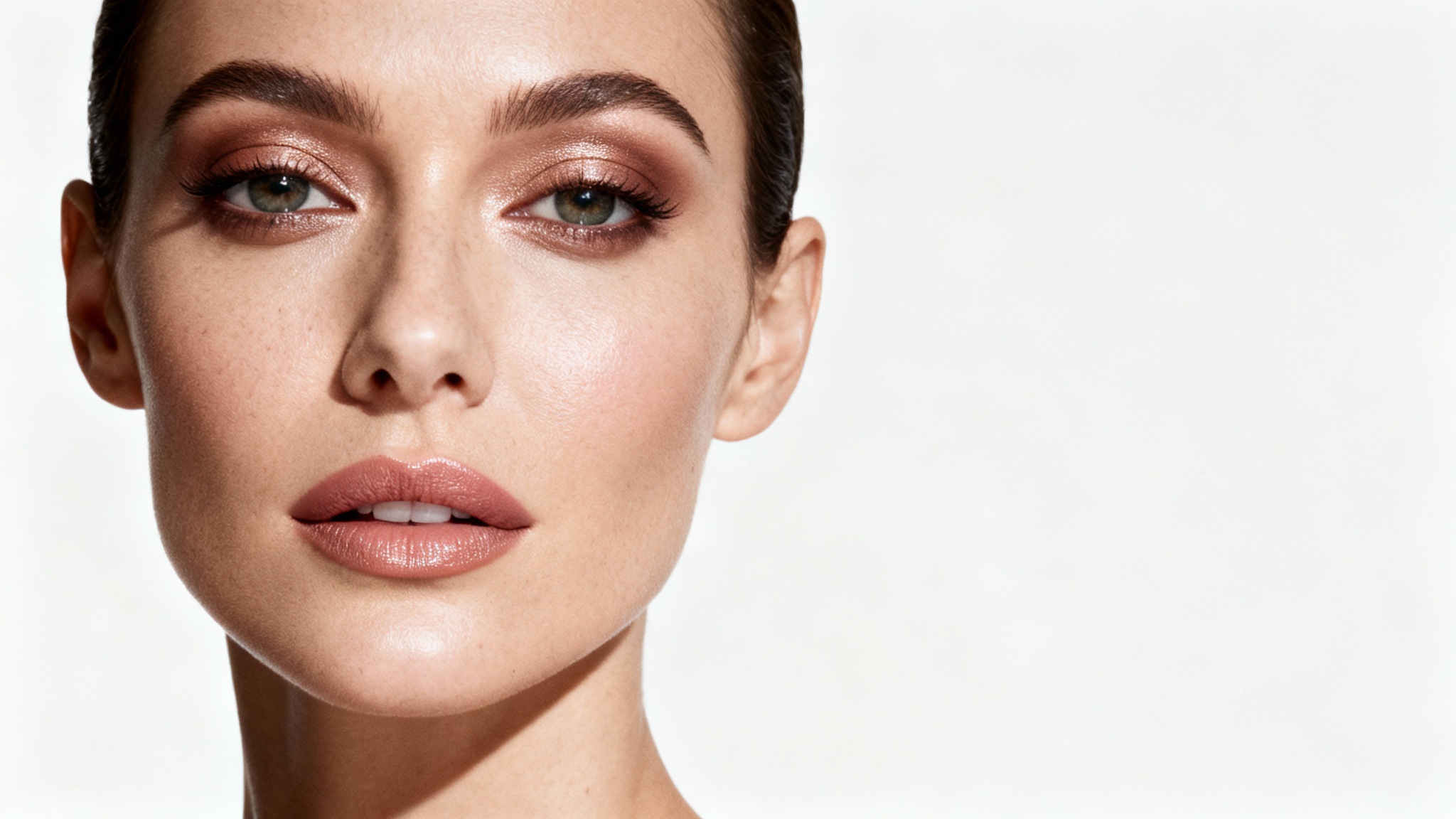 A professional editorial close-up portrait of a model with flawlessly retouched skin and perfect makeup, against a clean studio background, demonstrating high-end retouching.