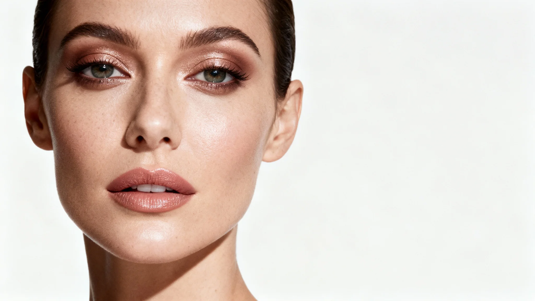 A professional editorial close-up portrait of a model with flawlessly retouched skin and perfect makeup, against a clean studio background, demonstrating high-end retouching.