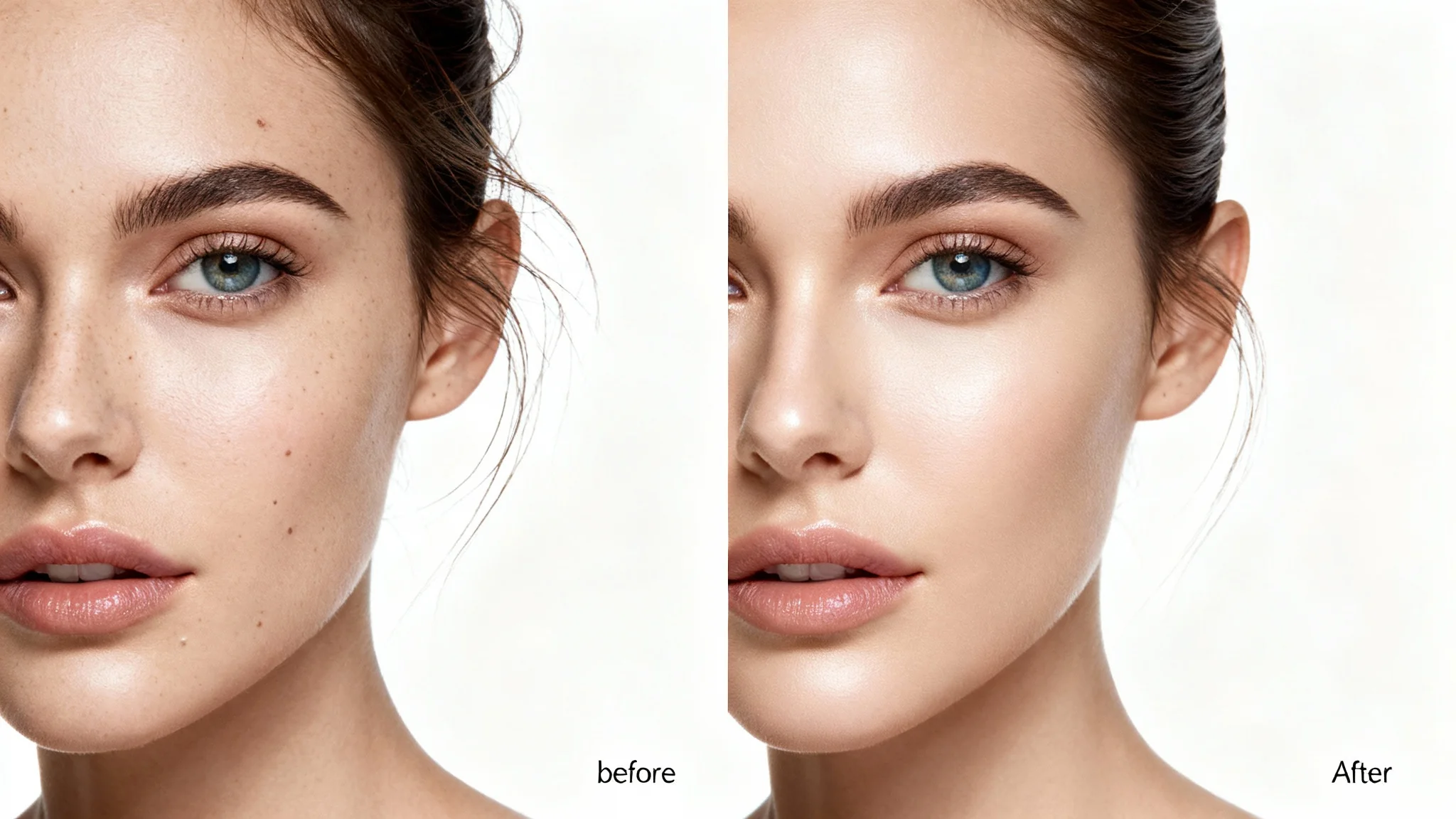 A split-screen image demonstrating editorial retouching. The left half shows a model's portrait with natural skin imperfections, while the right half shows the same portrait flawlessly retouched with smooth skin and bright eyes.