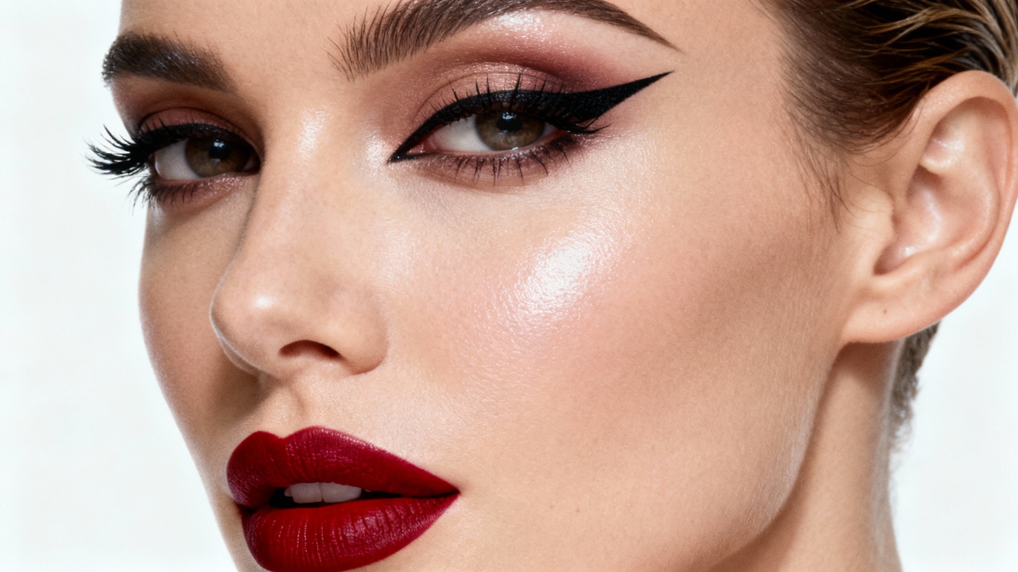 A close-up editorial portrait of a model with perfectly retouched, flawless skin and dramatic makeup against a clean white background, demonstrating high-end photo retouching.