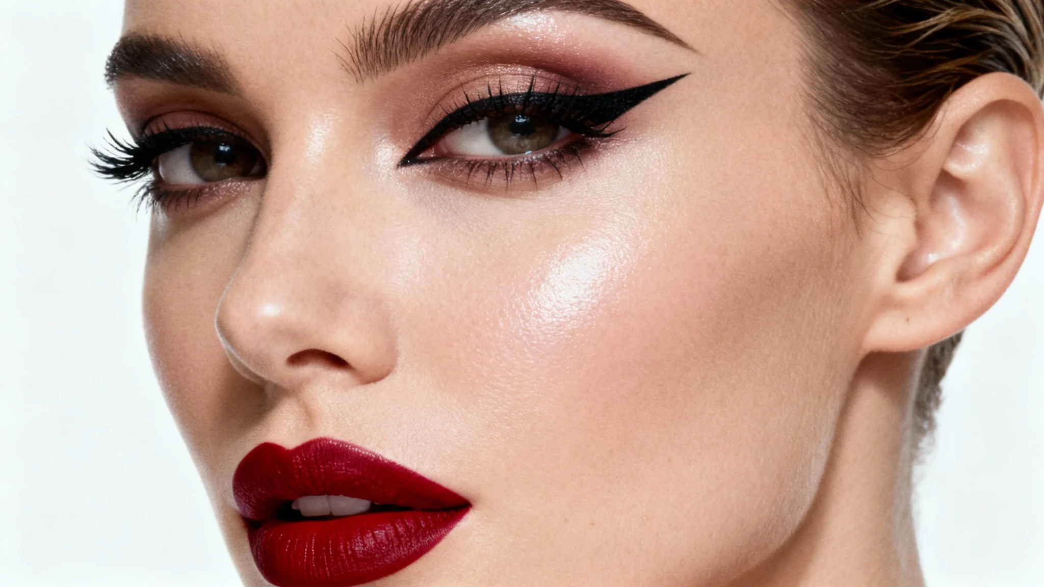 A close-up editorial portrait of a model with perfectly retouched, flawless skin and dramatic makeup against a clean white background, demonstrating high-end photo retouching.