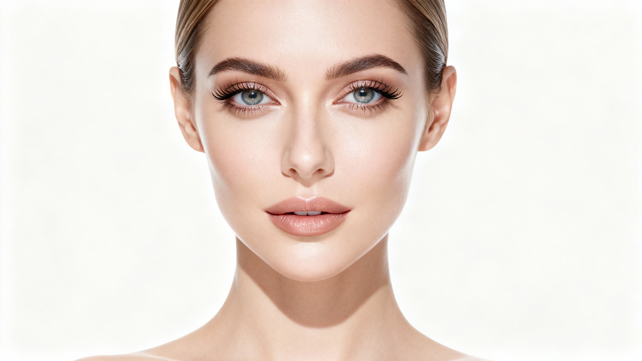 A professionally retouched editorial headshot of a woman with flawless skin and elegant makeup, showcased against a clean white background.