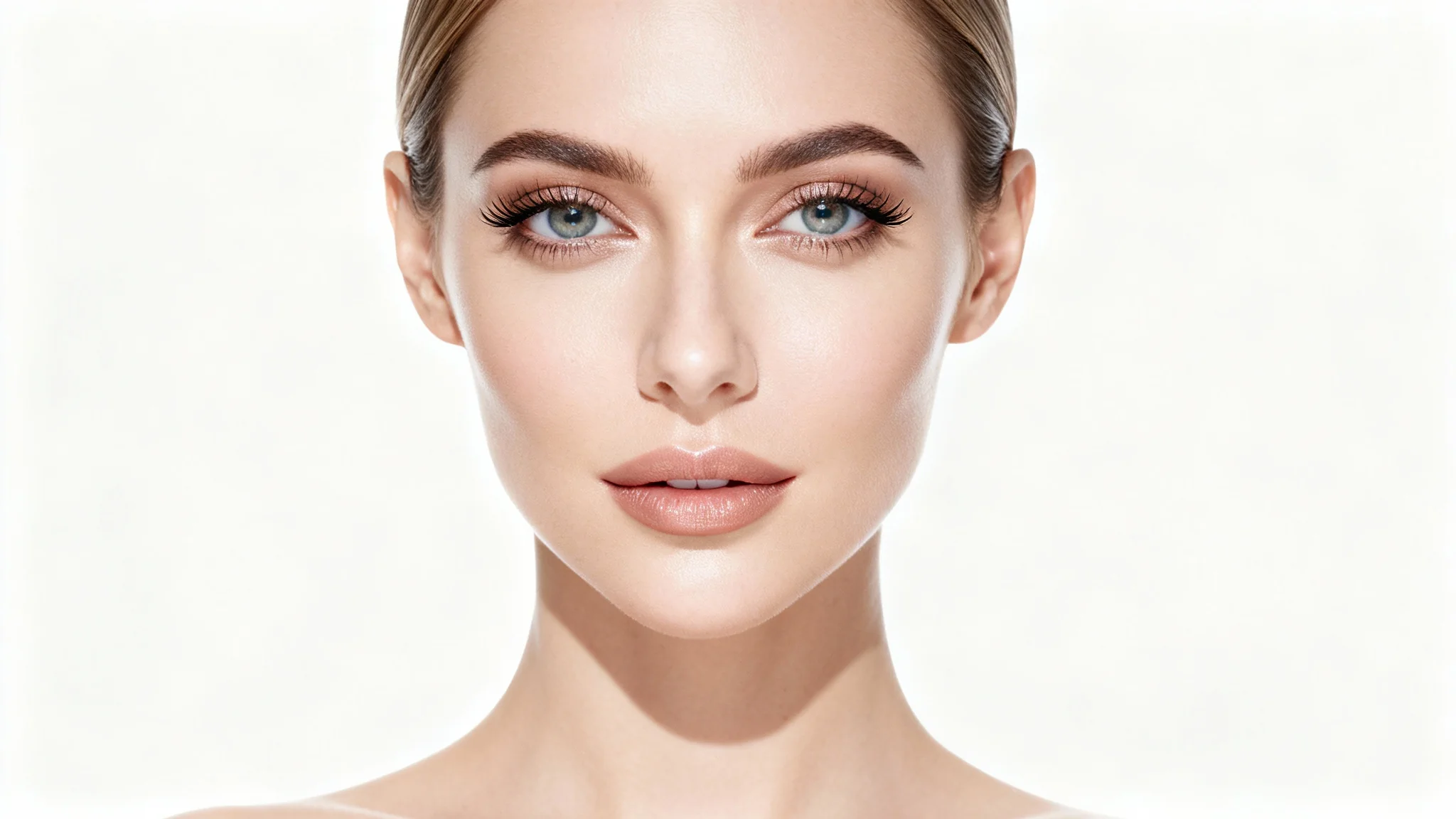 A professionally retouched editorial headshot of a woman with flawless skin and elegant makeup, showcased against a clean white background.