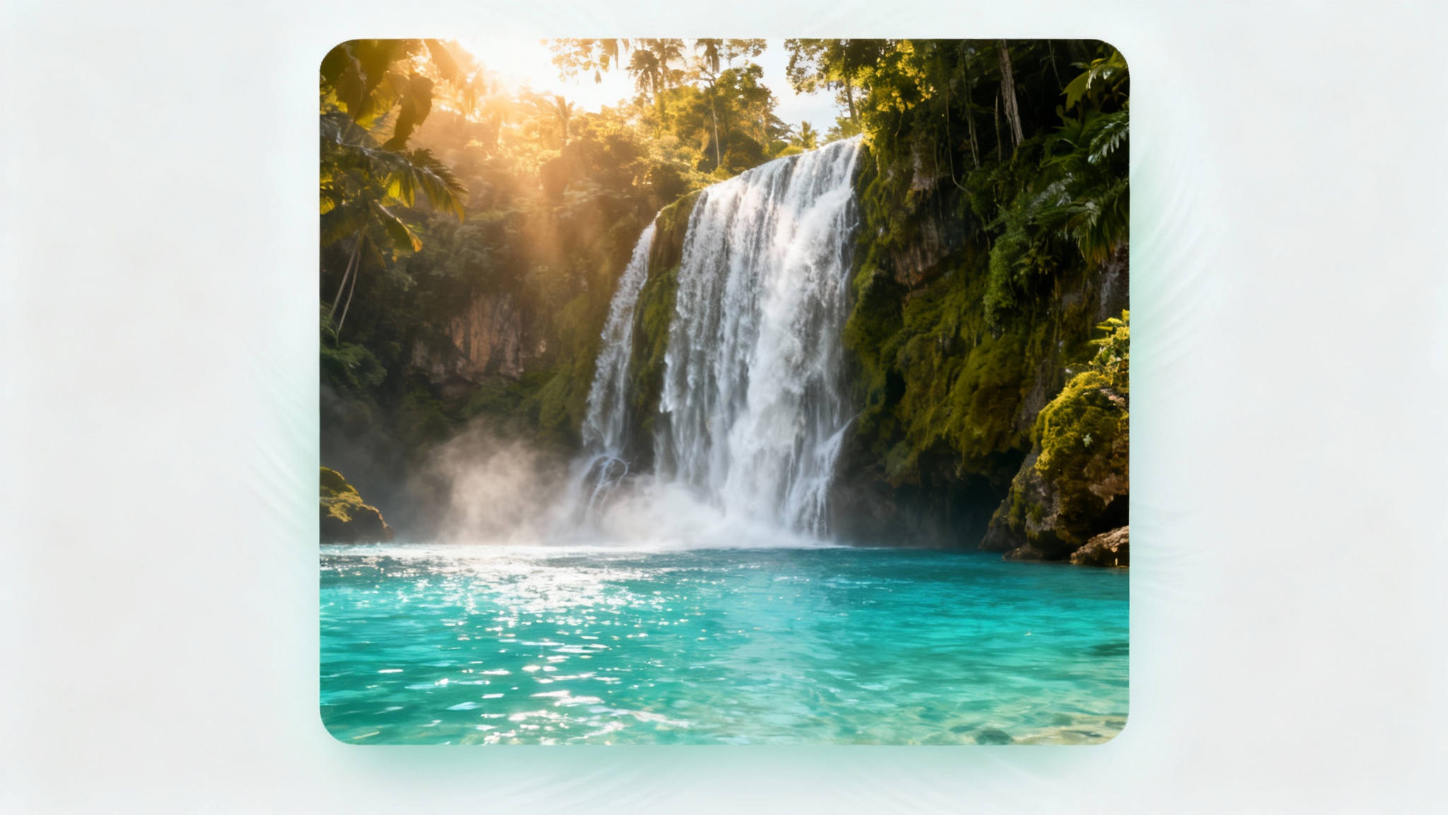 A visual demonstration of a green screen tool, showing a rectangular area on a gray background filled with a beautiful photorealistic image of a tropical waterfall, replacing the original green color.