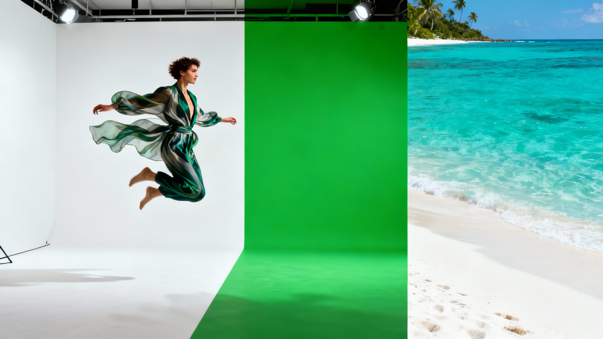 A person mid-jump in a studio, with the background split between a vibrant green screen on one side and a beautiful beach scene on the other, demonstrating a green screen effect.